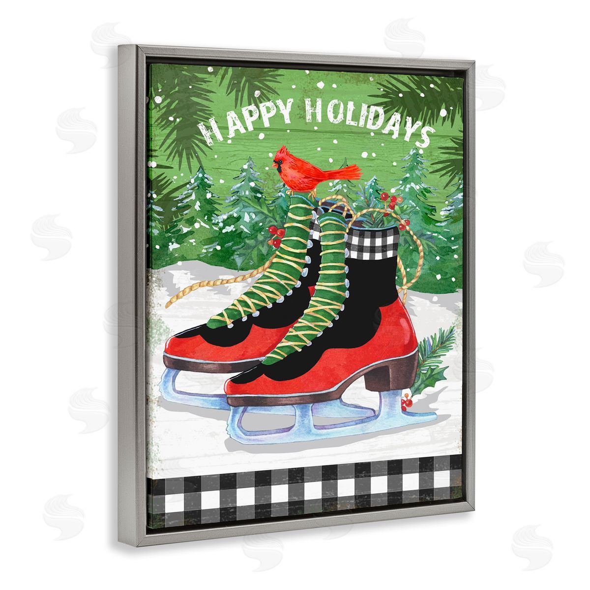 Happy Holidays Ice Skates Grey Floating Frame Canvas Wall Art, Home Decor by Andrea Tachiera