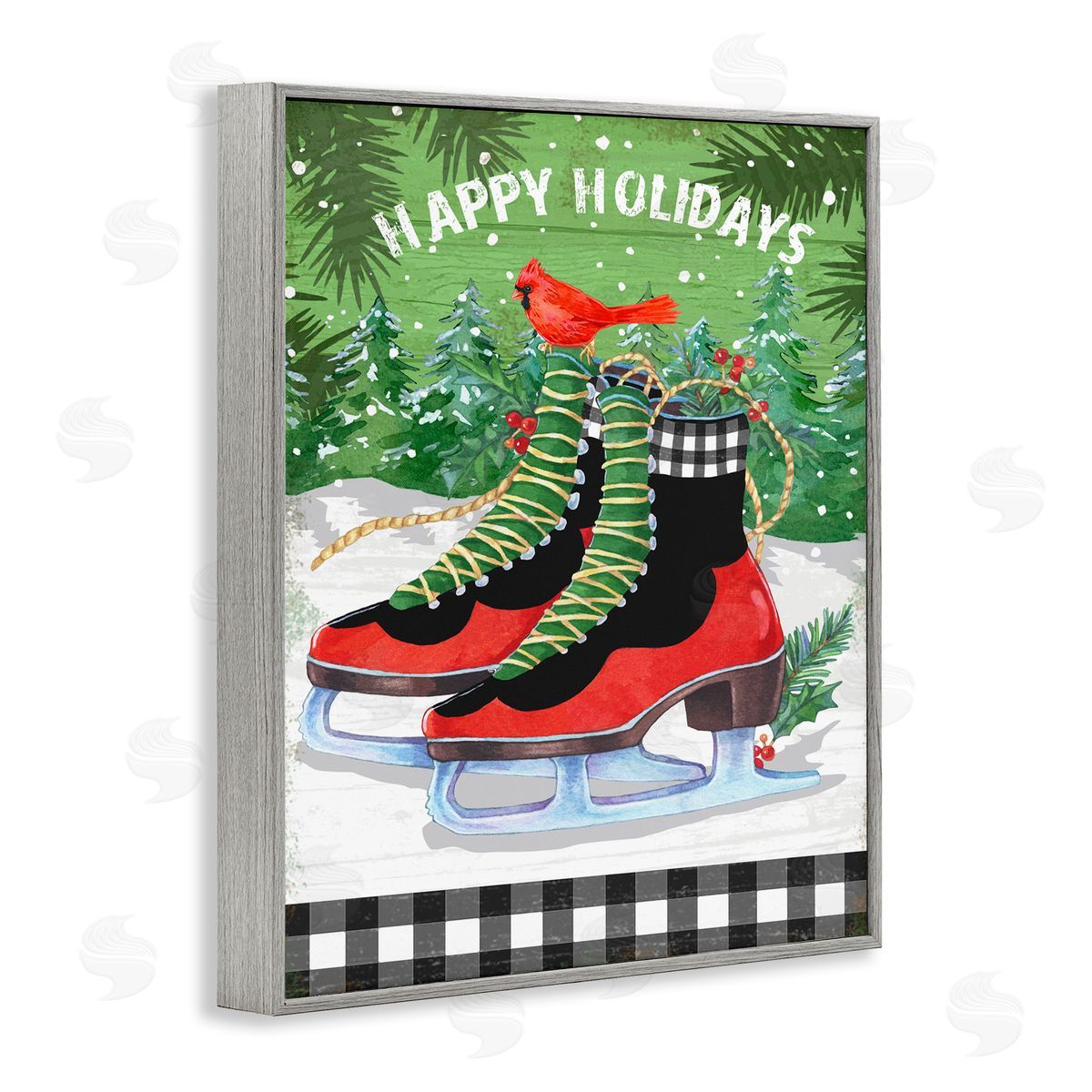 Happy Holidays Ice Skates Grey Frame Print Wall Art, Home Decor by Andrea Tachiera