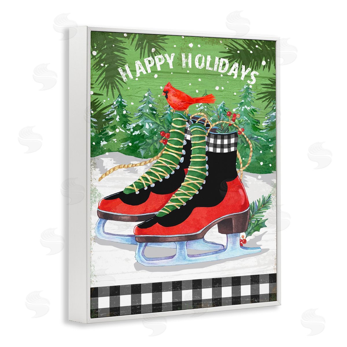 Happy Holidays Ice Skates White Frame Print Wall Art, Home Decor by Andrea Tachiera