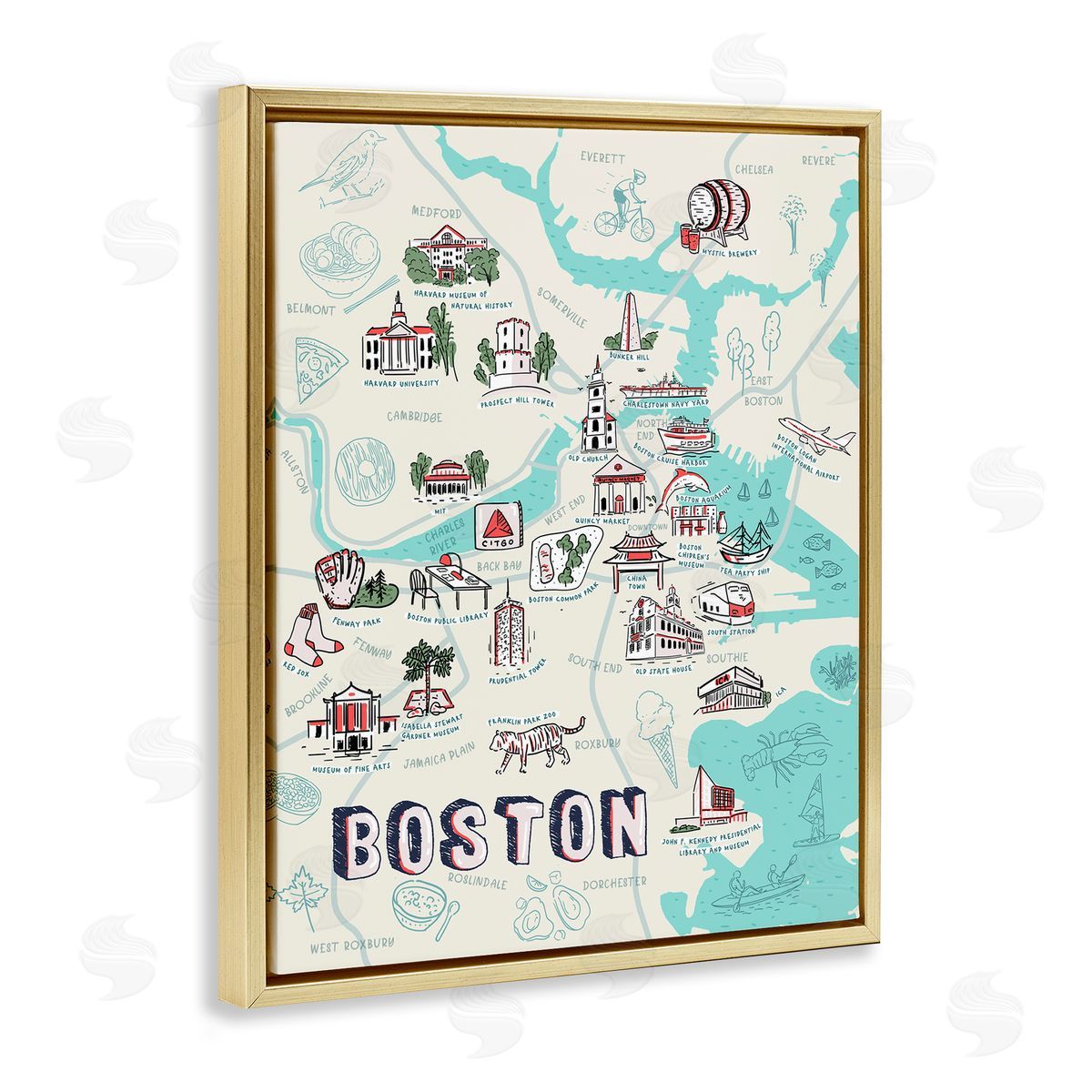 Illustrated Boston Landmark Map Gold Floating Frame Canvas Wall Art, Home Decor by Ziwei Li