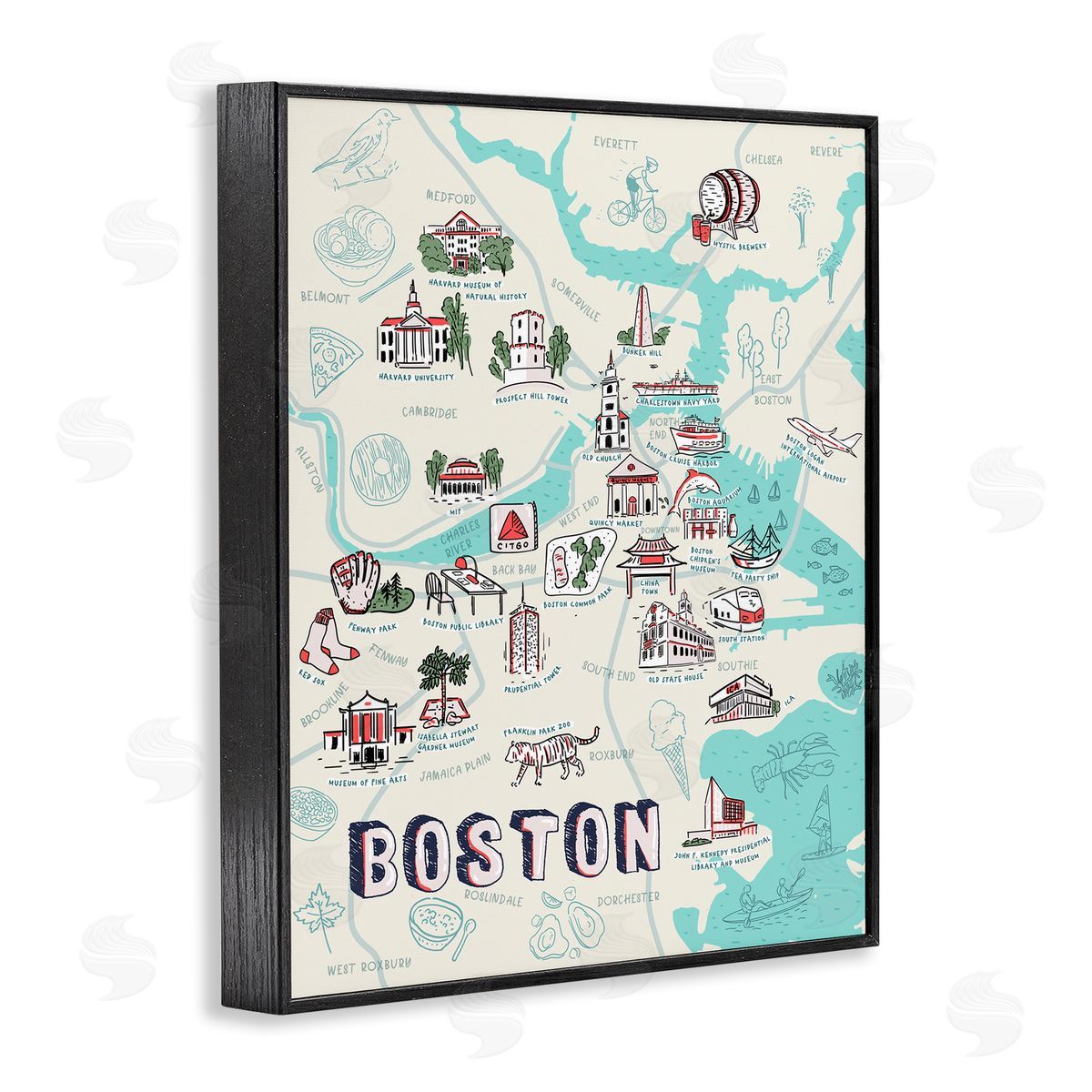 Illustrated Boston Landmark Map Black Frame Print Wall Art, Home Decor by Ziwei Li