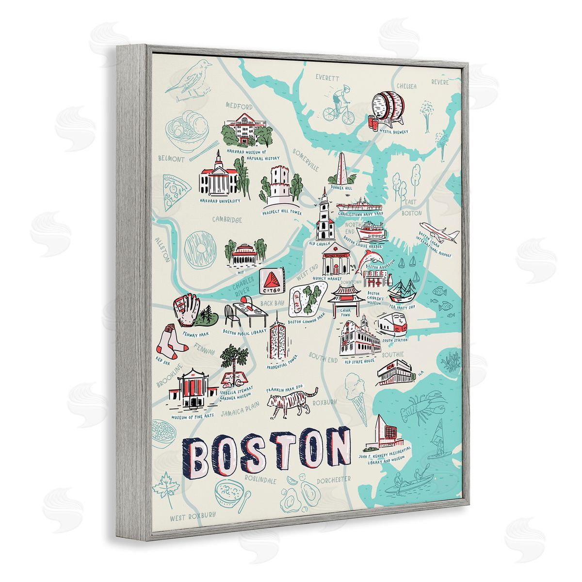Illustrated Boston Landmark Map Grey Frame Print Wall Art, Home Decor by Ziwei Li