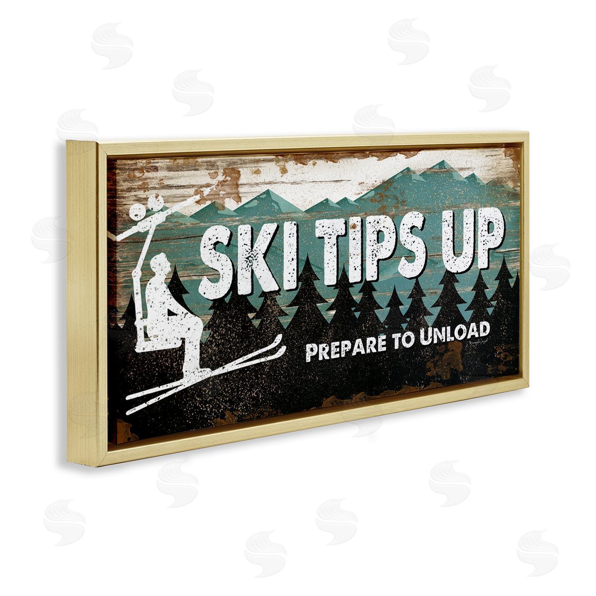 Rustic Ski Tips Up Gold Floating Frame Canvas Wall Art, Home Decor by Jennifer Pugh