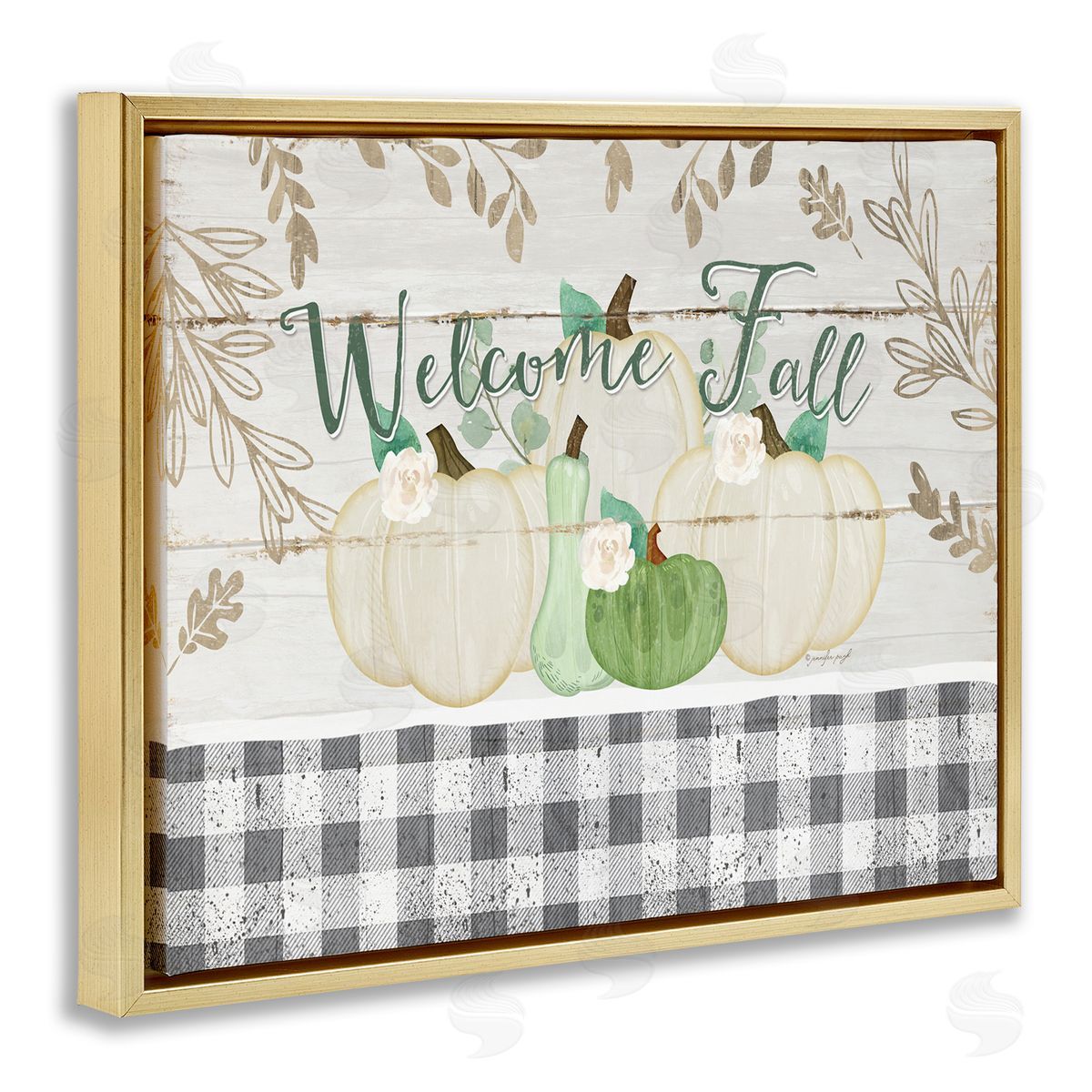 Welcome Fall Pumpkins & Plaid Gold Floating Frame Canvas Wall Art, Home Decor by Jennifer Pugh