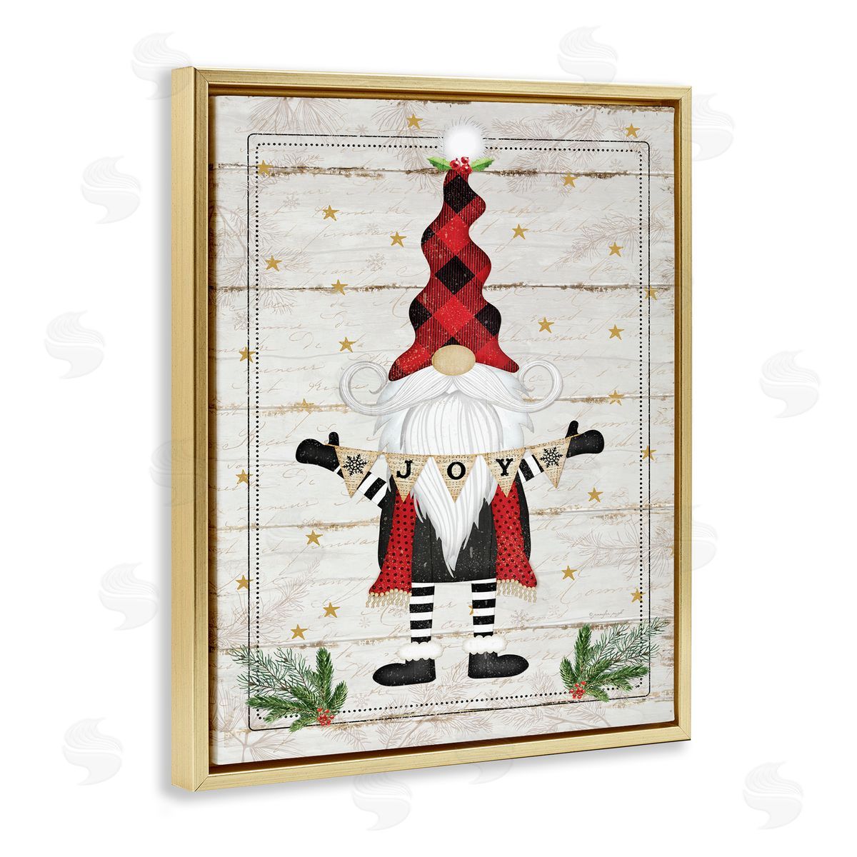 Joy Sentiment Winter Gnome Gold Floating Frame Canvas Wall Art, Home Decor by Jennifer Pugh