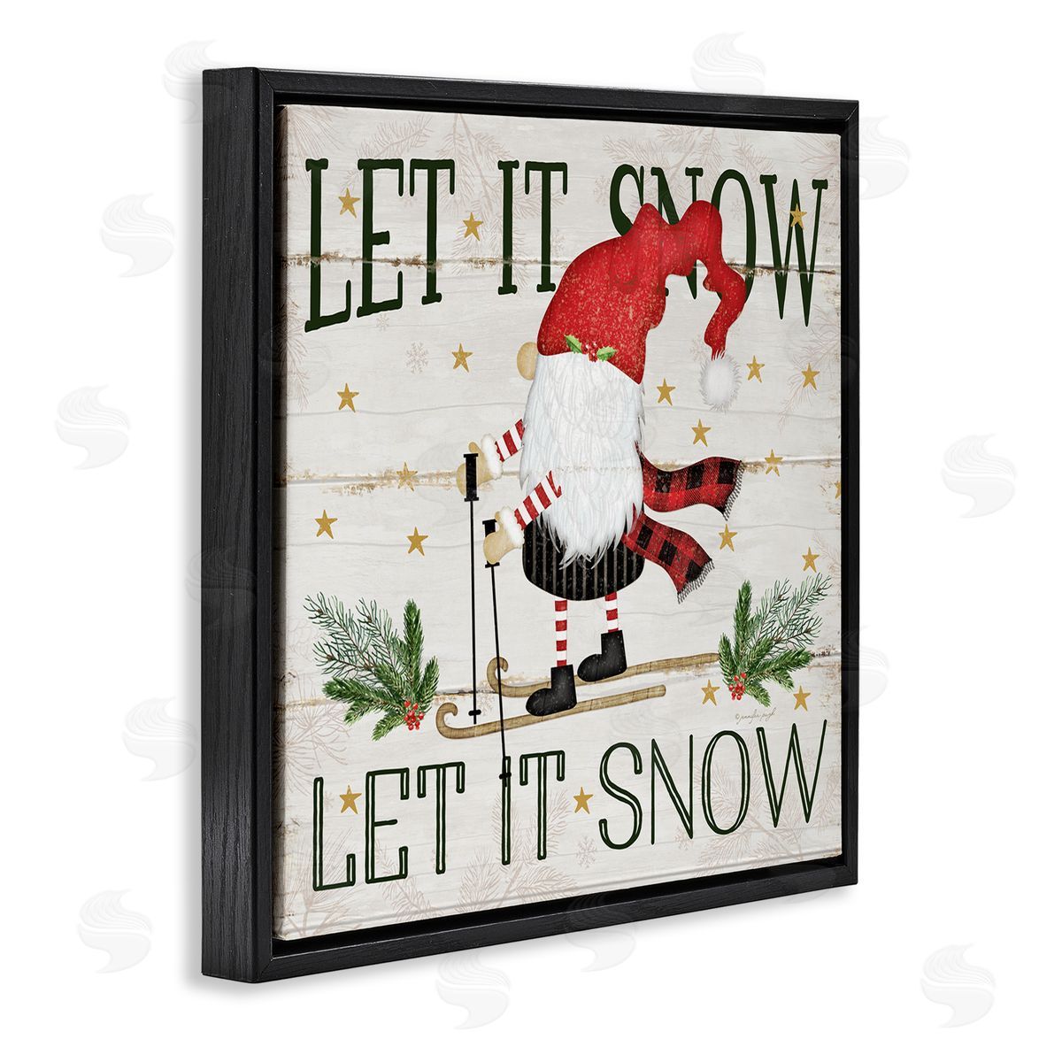 Let it Snow Gnome Skiing Black Floating Frame Canvas Wall Art, Home Decor by Jennifer Pugh