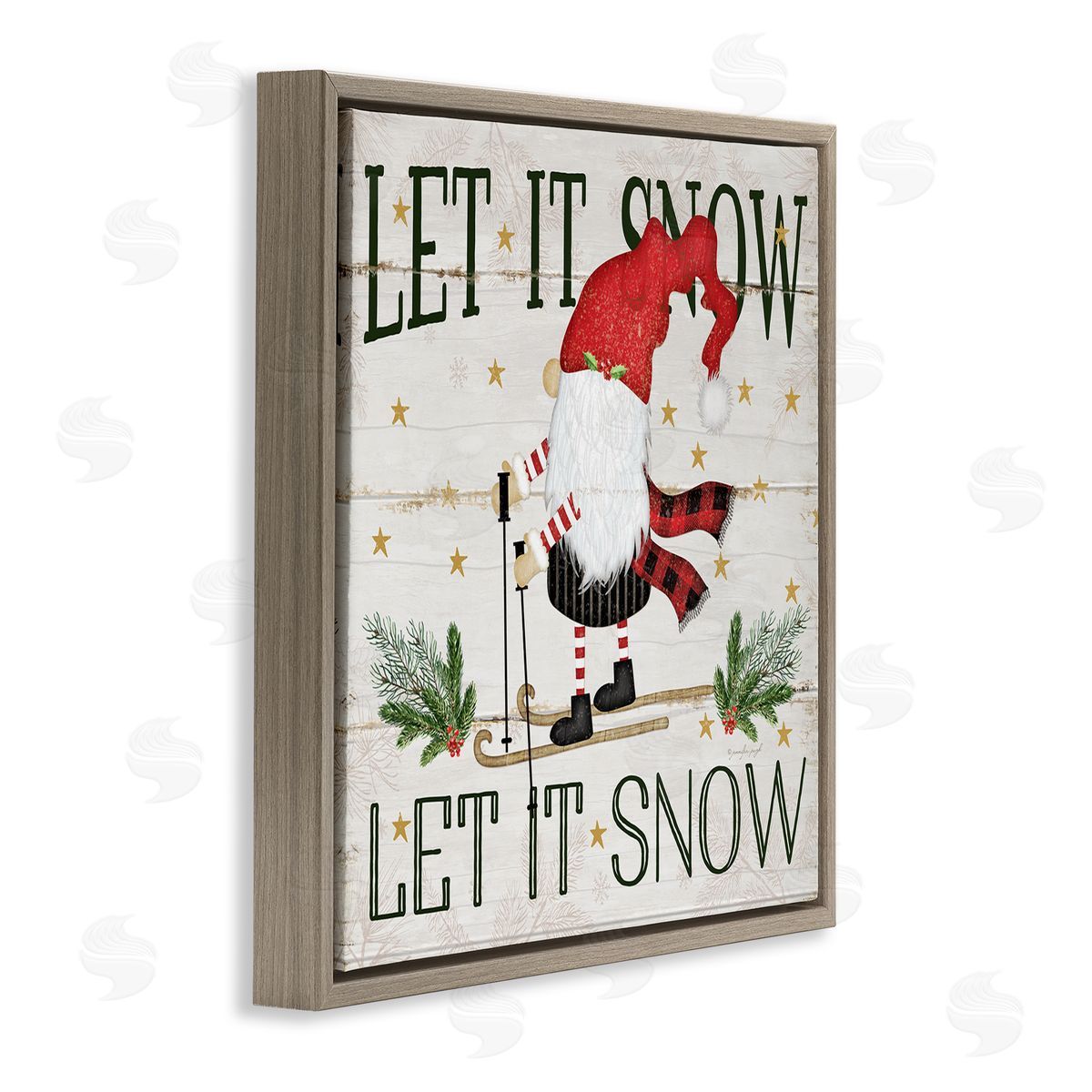Let it Snow Gnome Skiing Brown Floating Frame Canvas Wall Art, Home Decor by Jennifer Pugh
