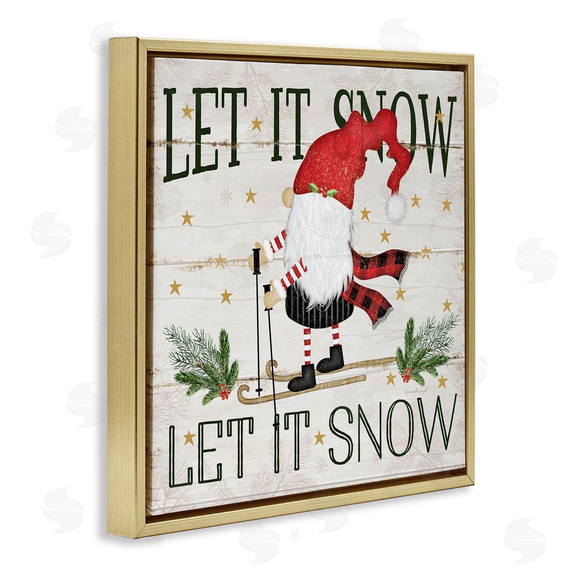 Let it Snow Gnome Skiing Gold Floating Frame Canvas Wall Art, Home Decor by Jennifer Pugh