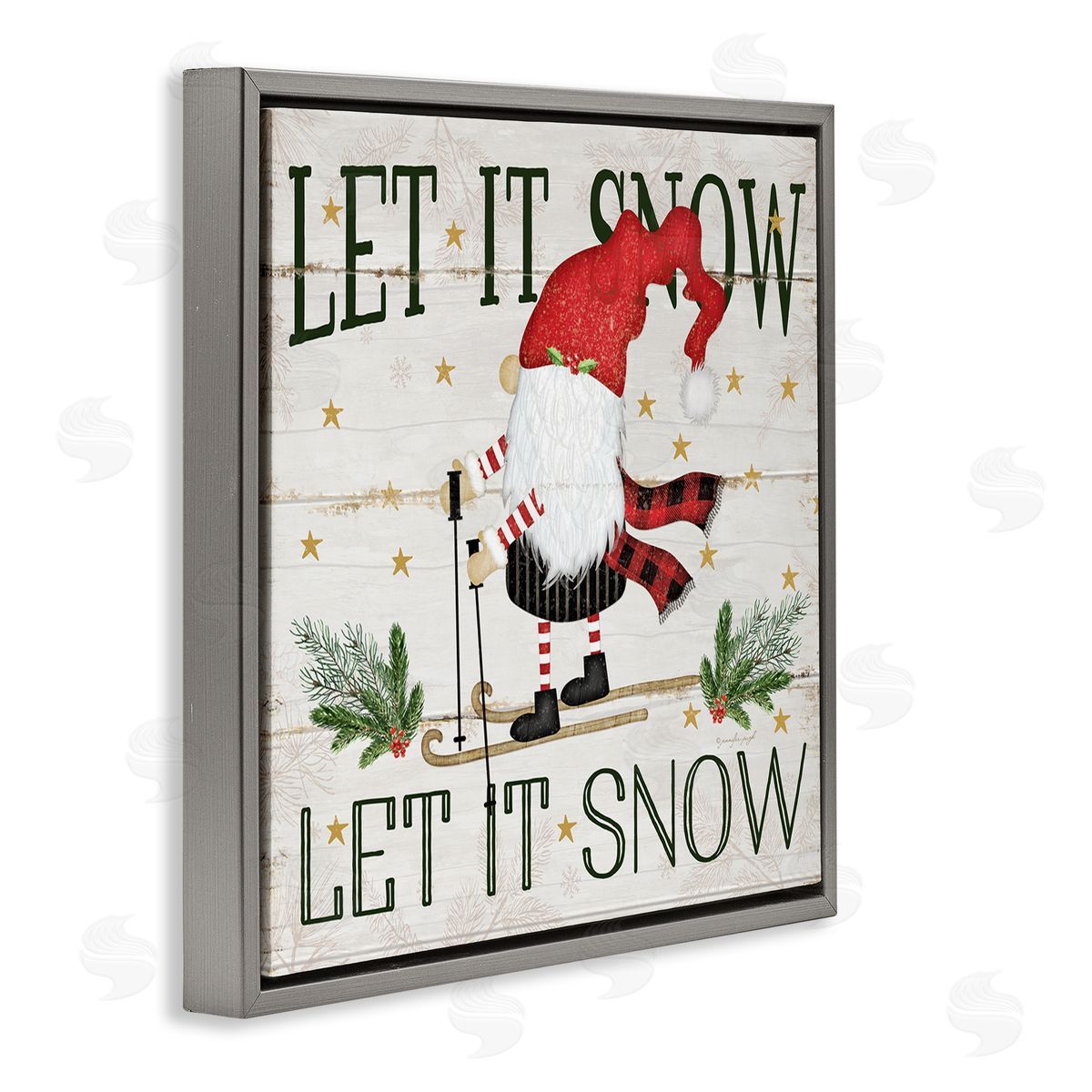 Let it Snow Gnome Skiing Grey Floating Frame Canvas Wall Art, Home Decor by Jennifer Pugh