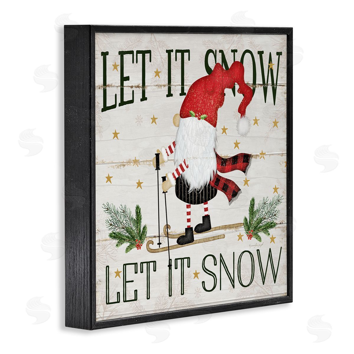 Let it Snow Gnome Skiing Black Frame Print Wall Art, Home Decor by Jennifer Pugh
