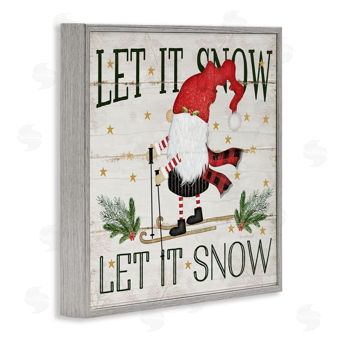 Let it Snow Gnome Skiing Grey Frame Print Wall Art, Home Decor by Jennifer Pugh