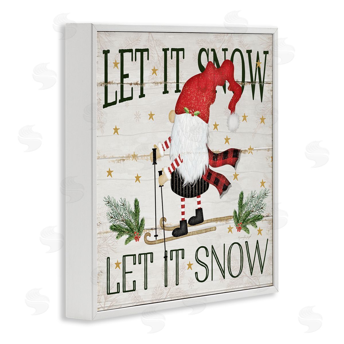 Let it Snow Gnome Skiing White Frame Print Wall Art, Home Decor by Jennifer Pugh