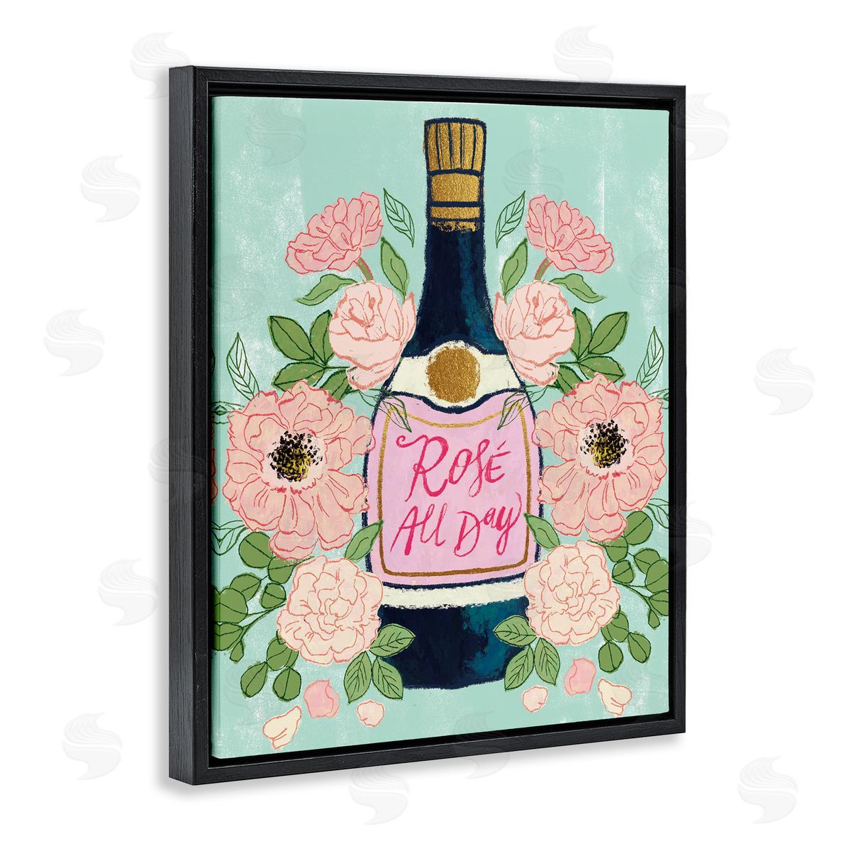 Rose All Day Pink Florals Black Floating Frame Canvas Wall Art, Home Decor by Joy Ting