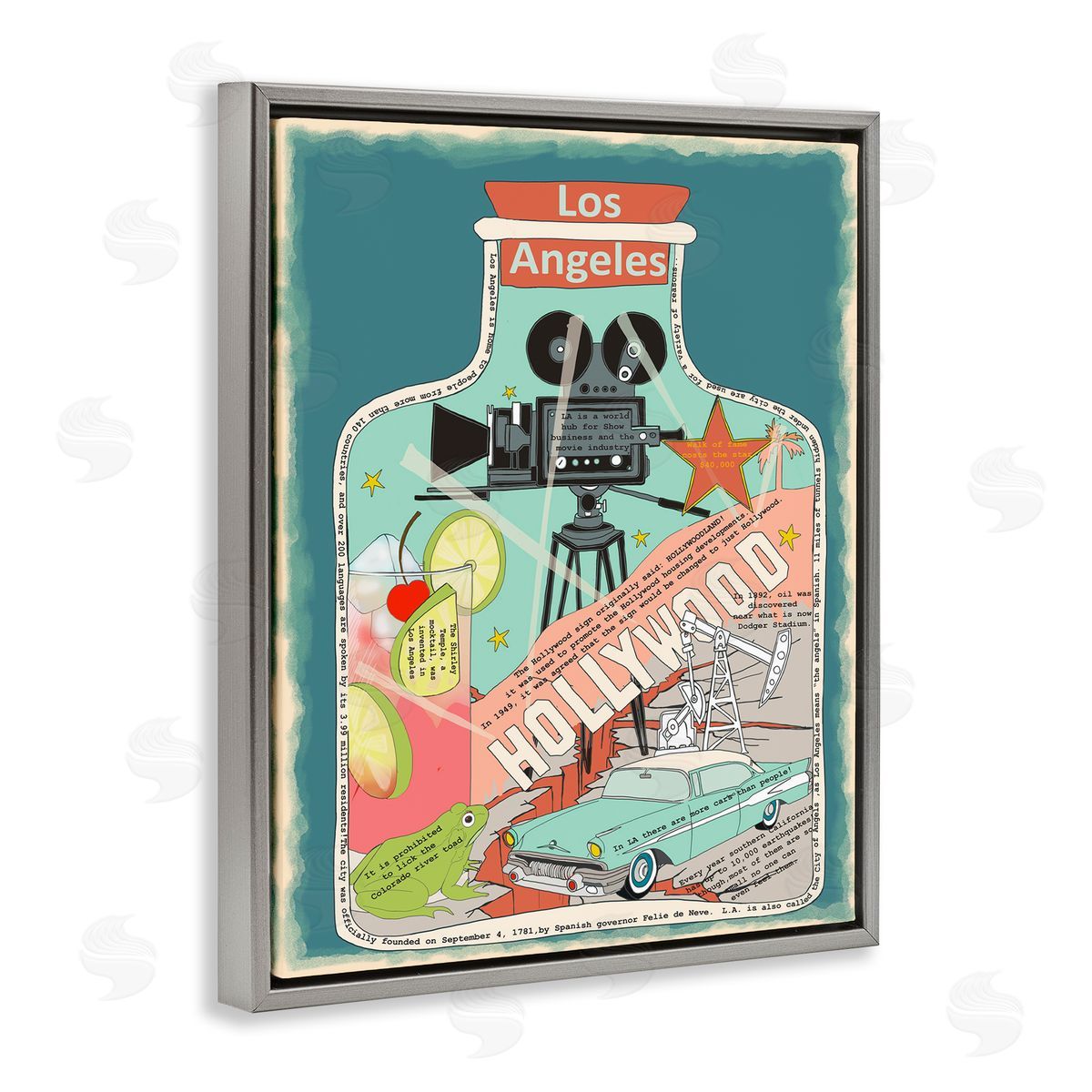 Los Angeles California in Vintage Jar Grey Floating Frame Canvas Wall Art, Home Decor by Sangita Bachelet