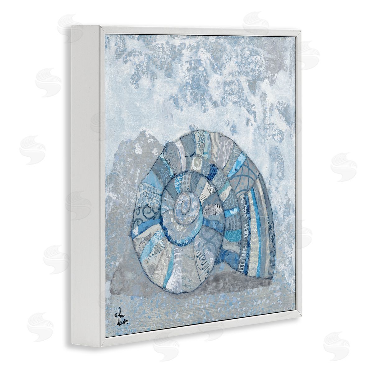 Blue Abstract Nautilus Shell White Frame Print Wall Art, Home Decor by Lisa Morales