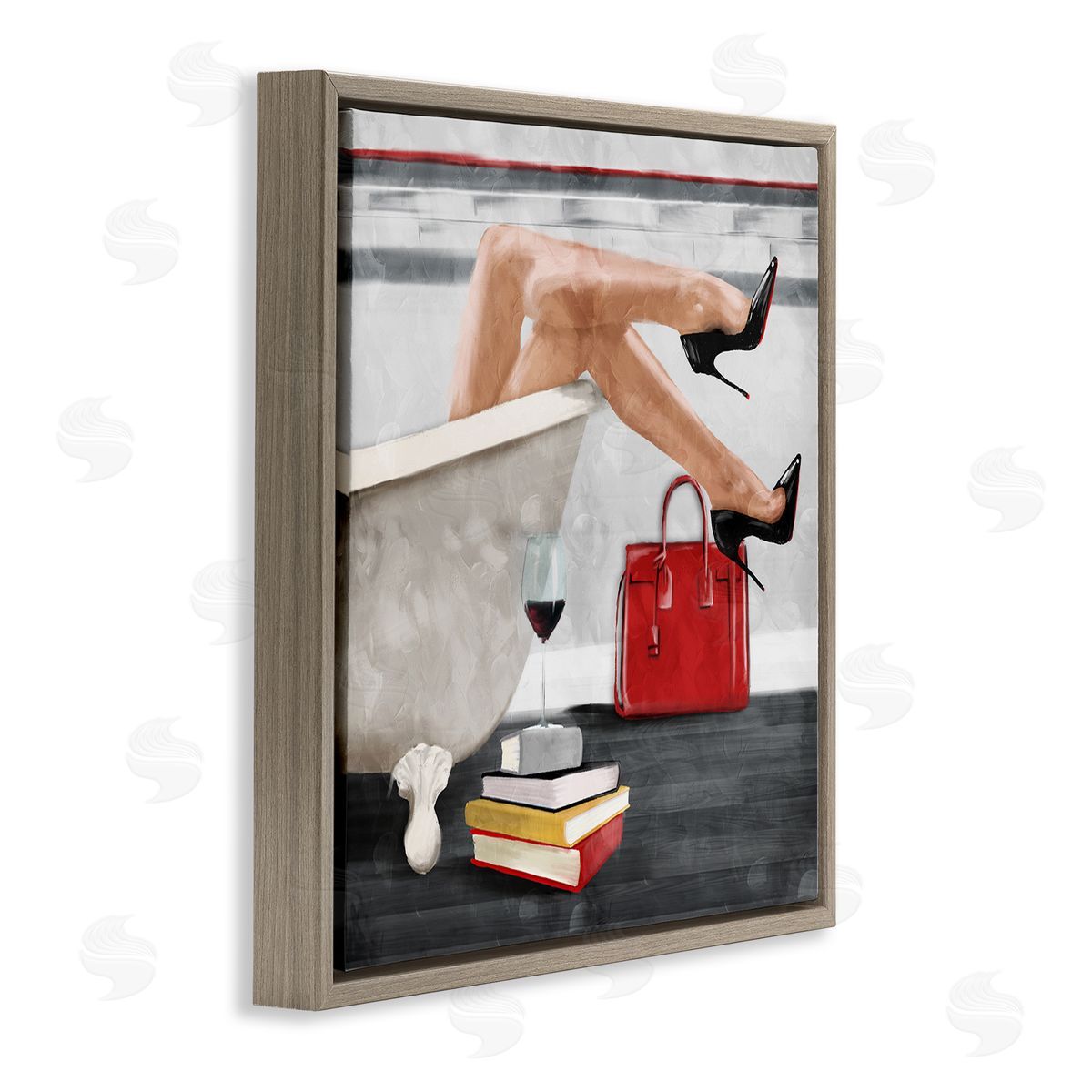 Female in Bath with Wine Brown Floating Frame Canvas Wall Art, Home Decor by Milli Villa