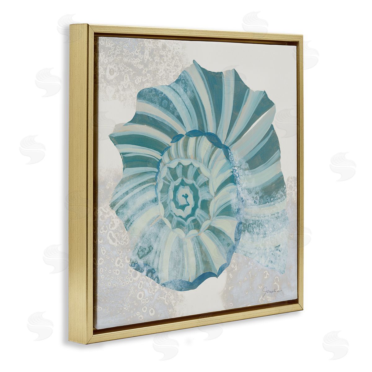 Marine Blue Nautilus Shell Gold Floating Frame Canvas Wall Art, Home Decor by Liz Jardine
