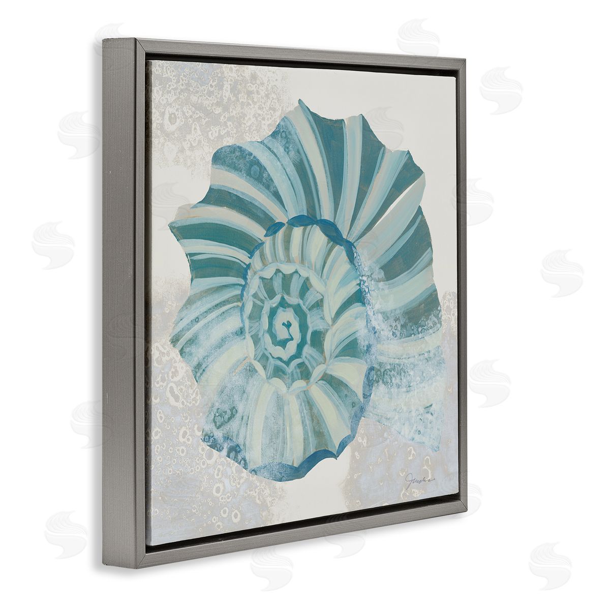 Marine Blue Nautilus Shell Grey Floating Frame Canvas Wall Art, Home Decor by Liz Jardine