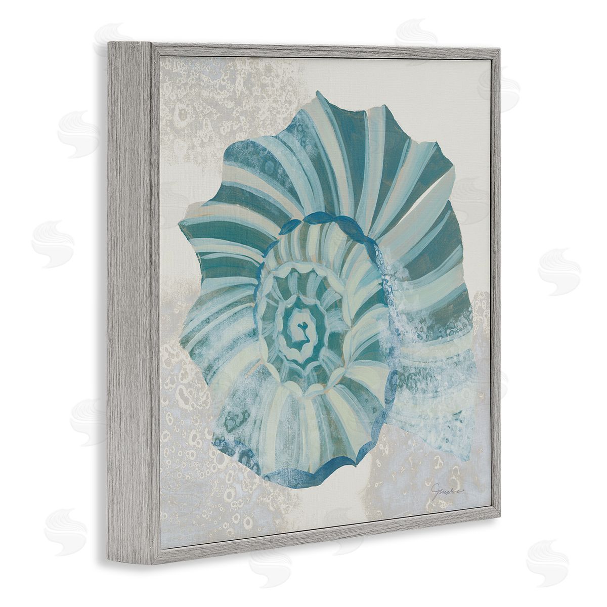 Marine Blue Nautilus Shell Grey Frame Print Wall Art, Home Decor by Liz Jardine