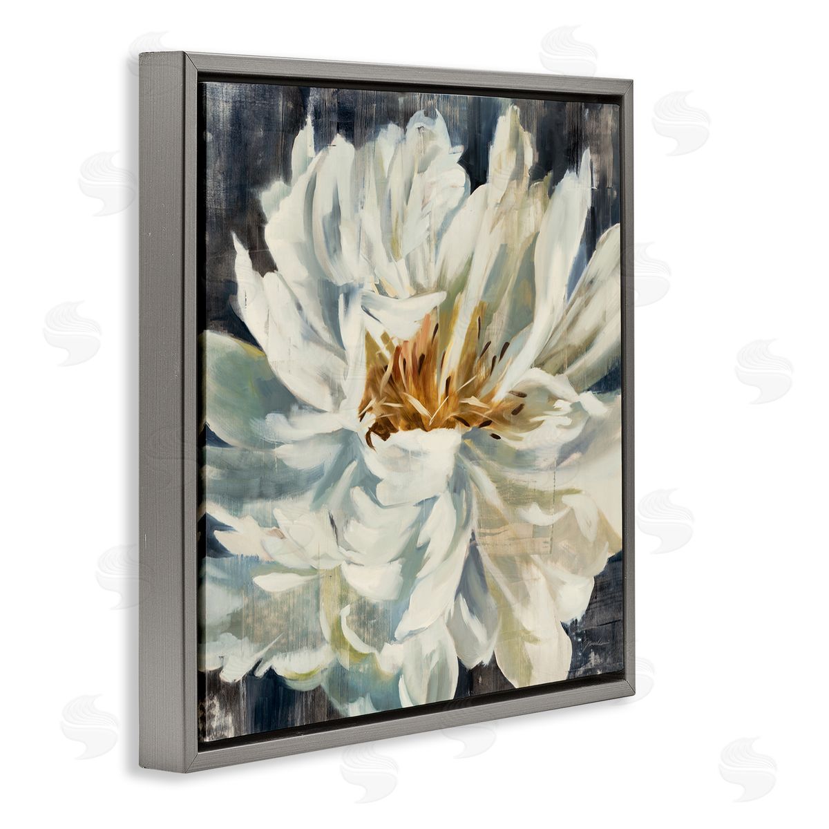 Blooming Flower with White Petals Grey Floating Frame Canvas Wall Art, Home Decor by Liz Jardine