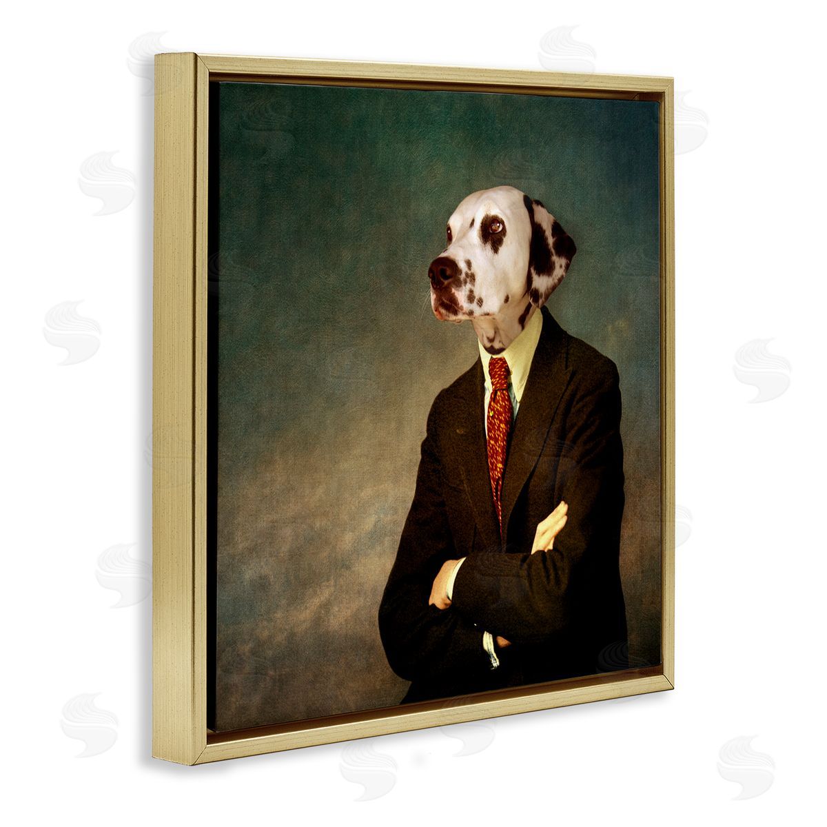 Dalmatian In Men's Suit Gold Floating Frame Canvas Wall Art, Home Decor by Martine Roch