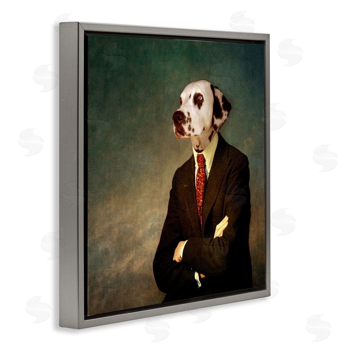 Dalmatian In Men's Suit Grey Floating Frame Canvas Wall Art, Home Decor by Martine Roch