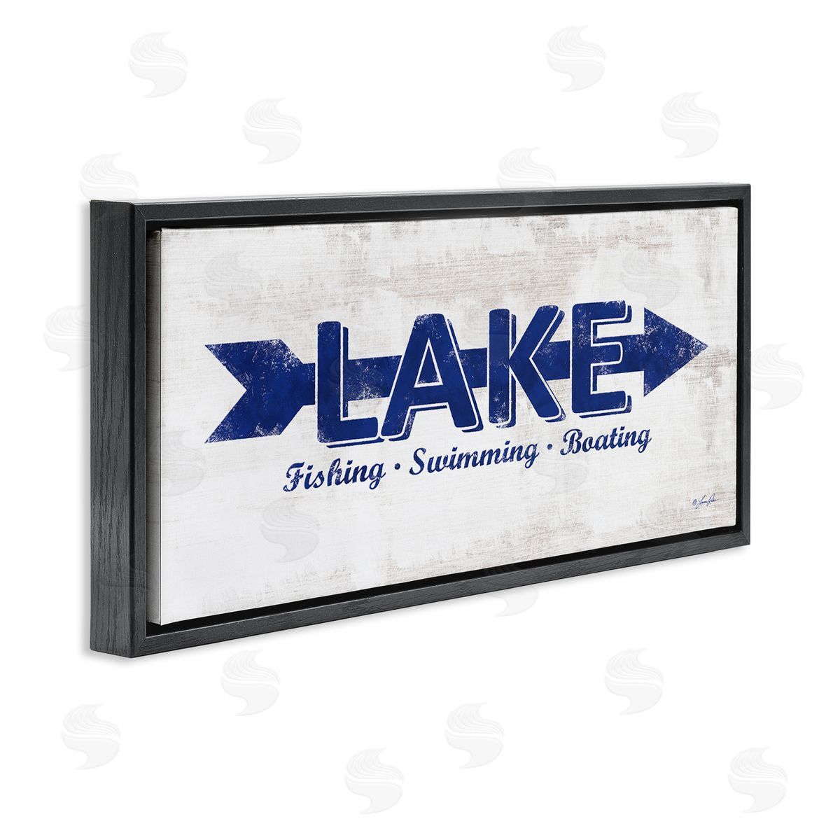 Lake Sign Blue Arrow Black Floating Frame Canvas Wall Art, Home Decor by Lauren Rader