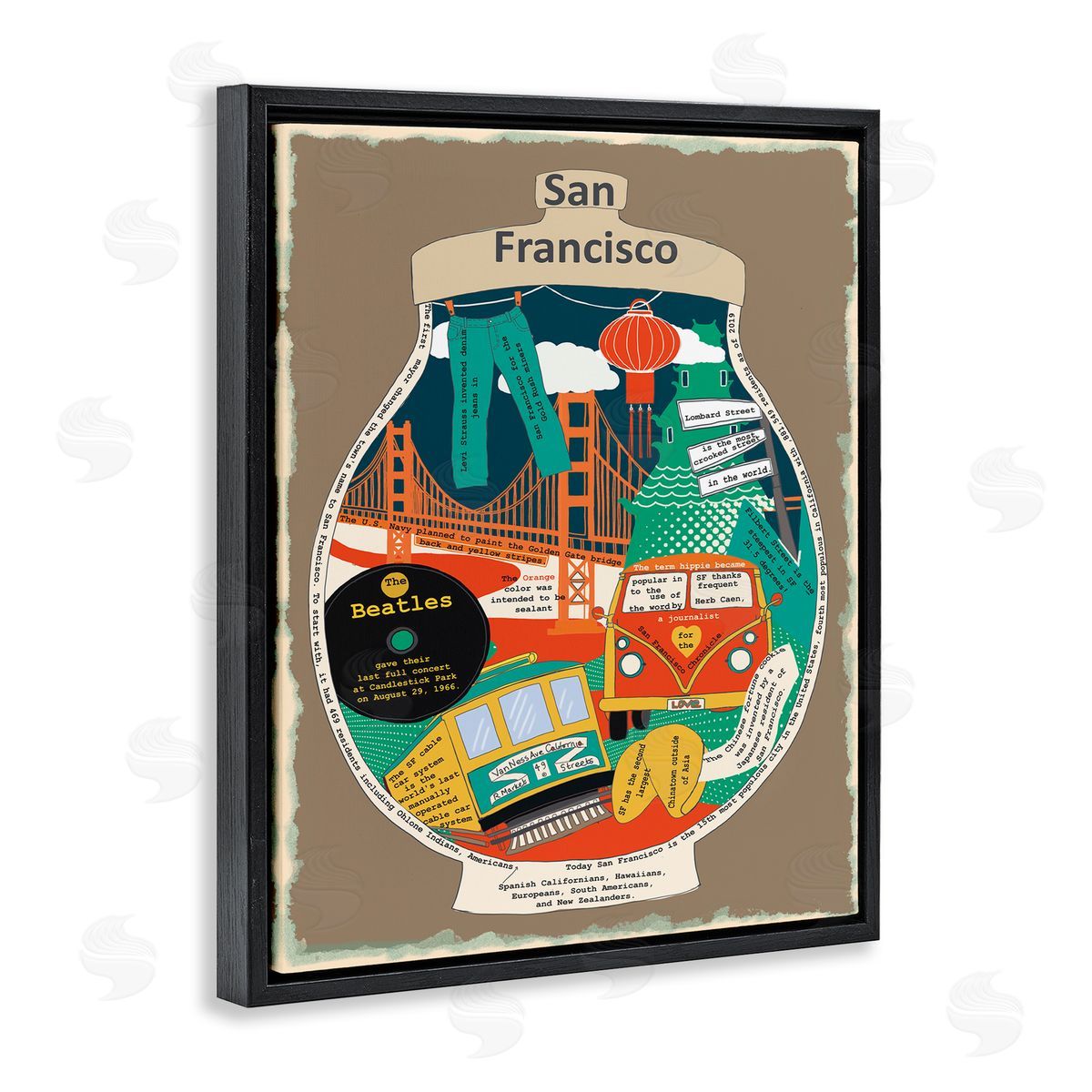 San Francisco CA in Vintage Jar Black Floating Frame Canvas Wall Art, Home Decor by Sangita Bachelet