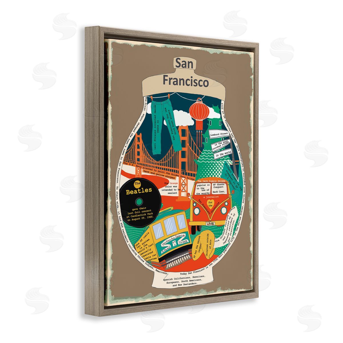 San Francisco CA in Vintage Jar Brown Floating Frame Canvas Wall Art, Home Decor by Sangita Bachelet