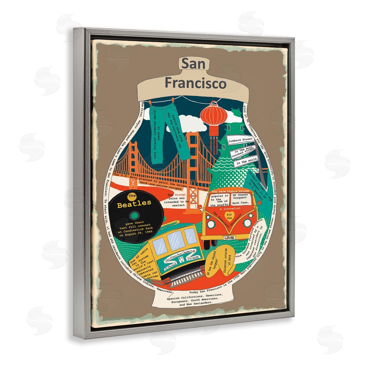 San Francisco CA in Vintage Jar Grey Floating Frame Canvas Wall Art, Home Decor by Sangita Bachelet