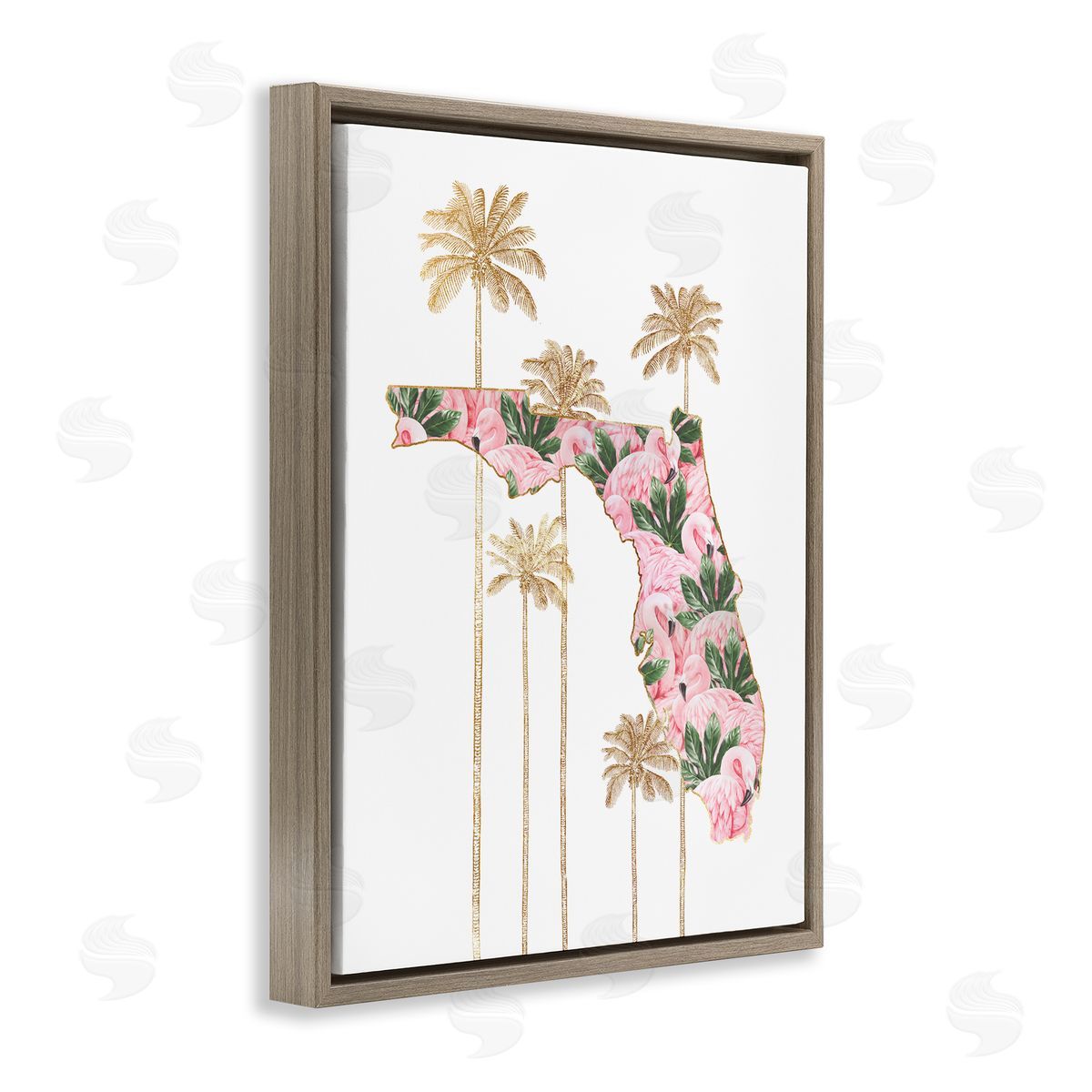 Florida State Flamingo Pattern Brown Floating Frame Canvas Wall Art, Home Decor by Ziwei Li