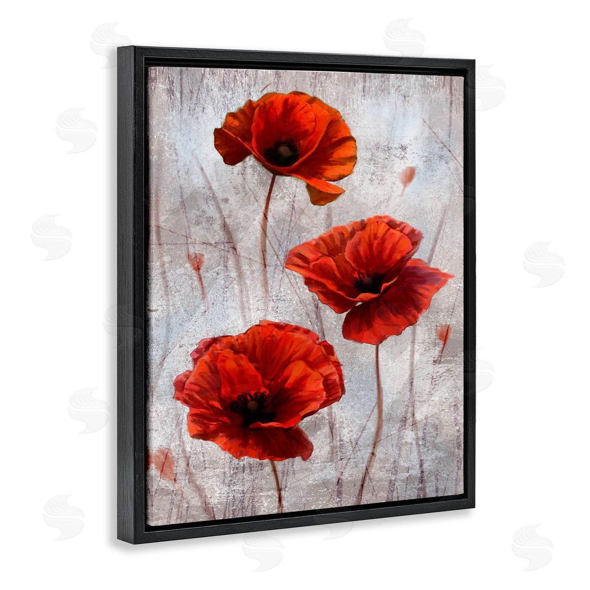 Red Poppies over Grey Black Floating Frame Canvas Wall Art, Home Decor by Ziwei Li