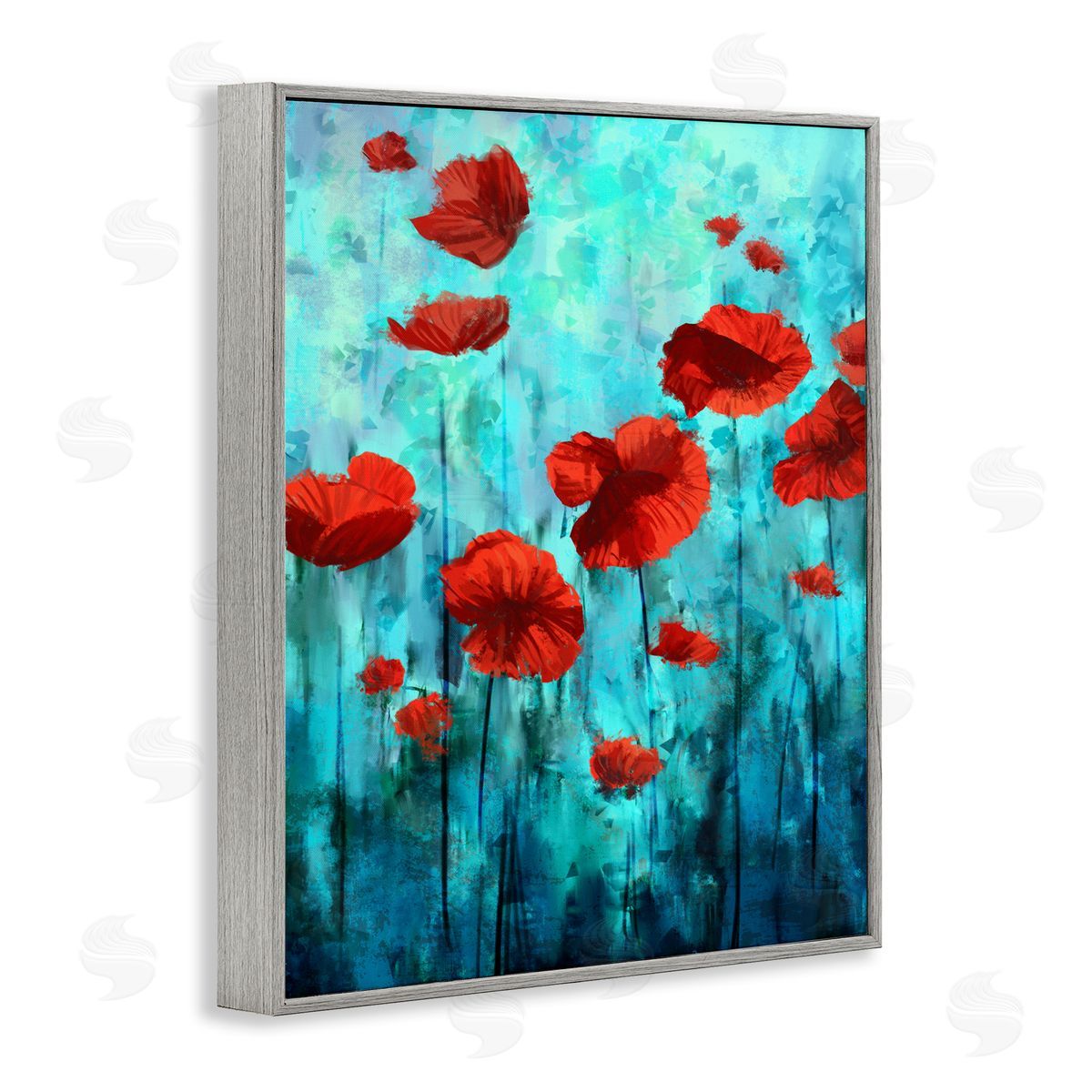 Red Poppies over Blue Grey Frame Print Wall Art, Home Decor by Ziwei Li