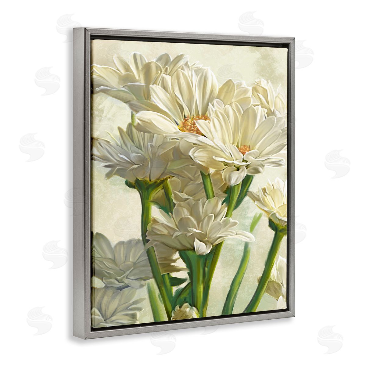 White Daisy Spring Florals Grey Floating Frame Canvas Wall Art, Home Decor by Ziwei Li