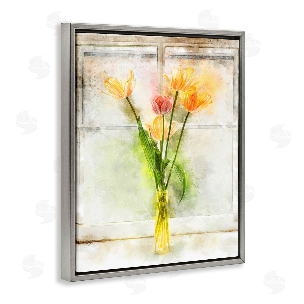 Tulip Vase in Window Sill Grey Floating Frame Canvas Wall Art, Home Decor by Ziwei Li