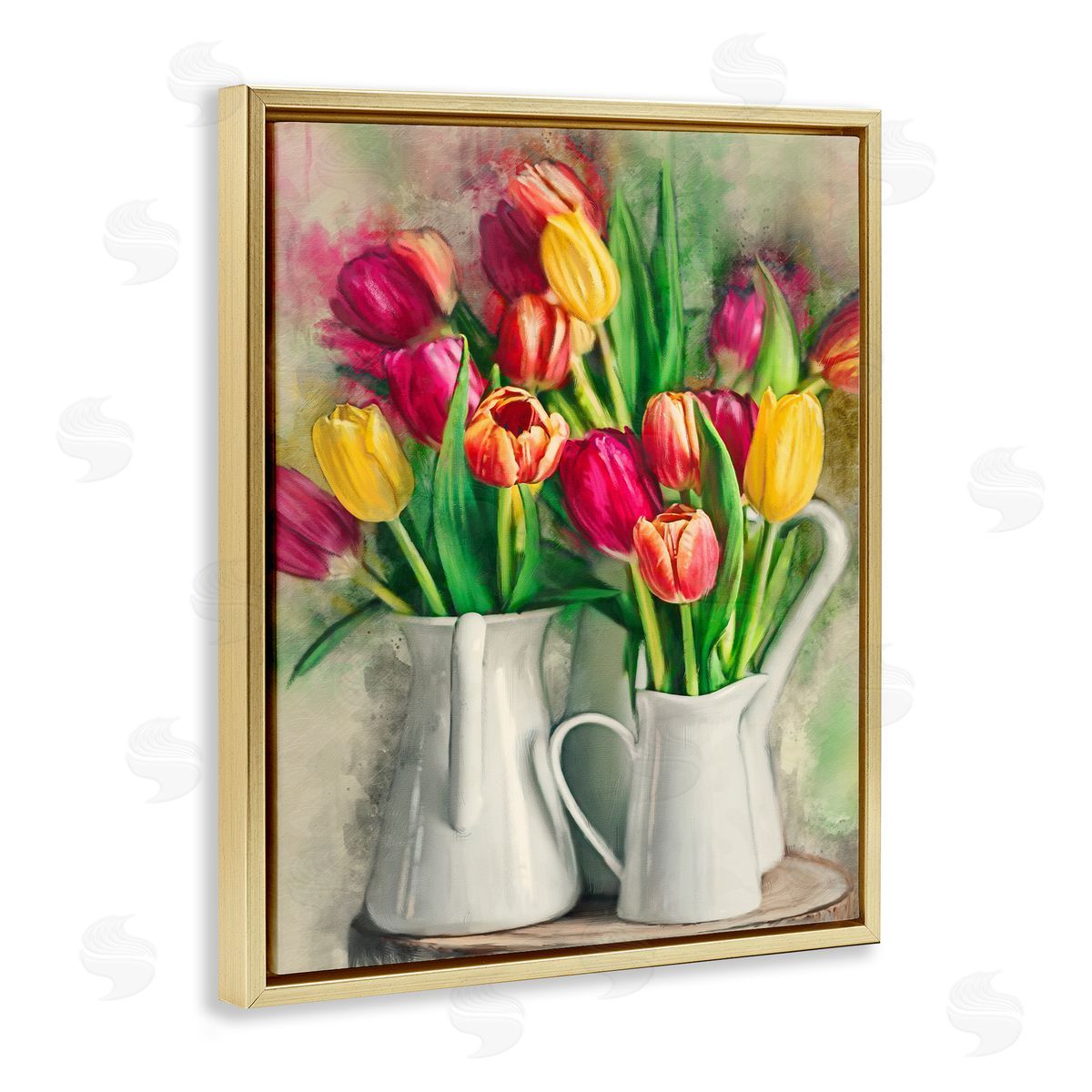 Colorful Tulips in Pitchers Gold Floating Frame Canvas Wall Art, Home Decor by Ziwei Li