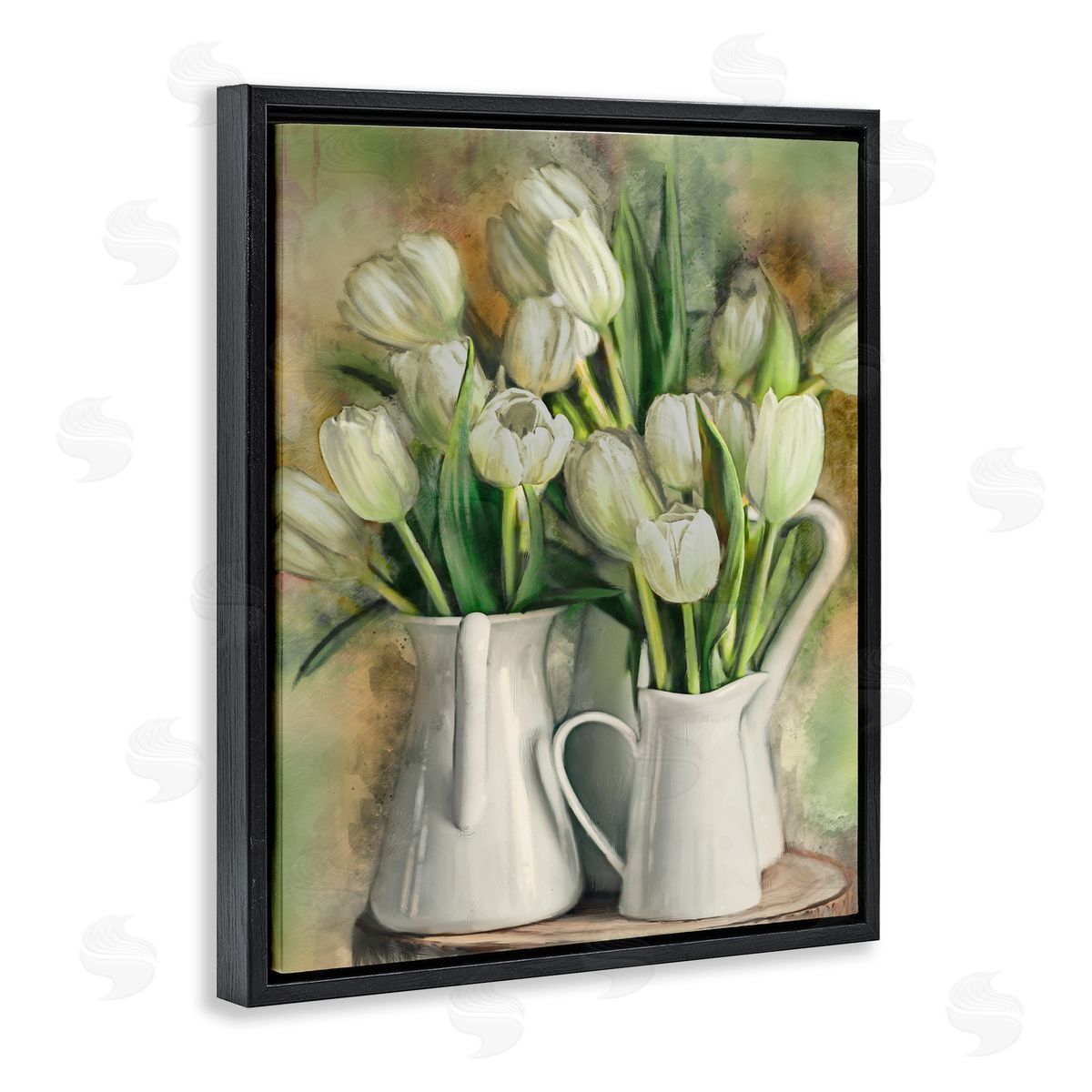 White Tulips in Pitchers Black Floating Frame Canvas Wall Art, Home Decor by Ziwei Li