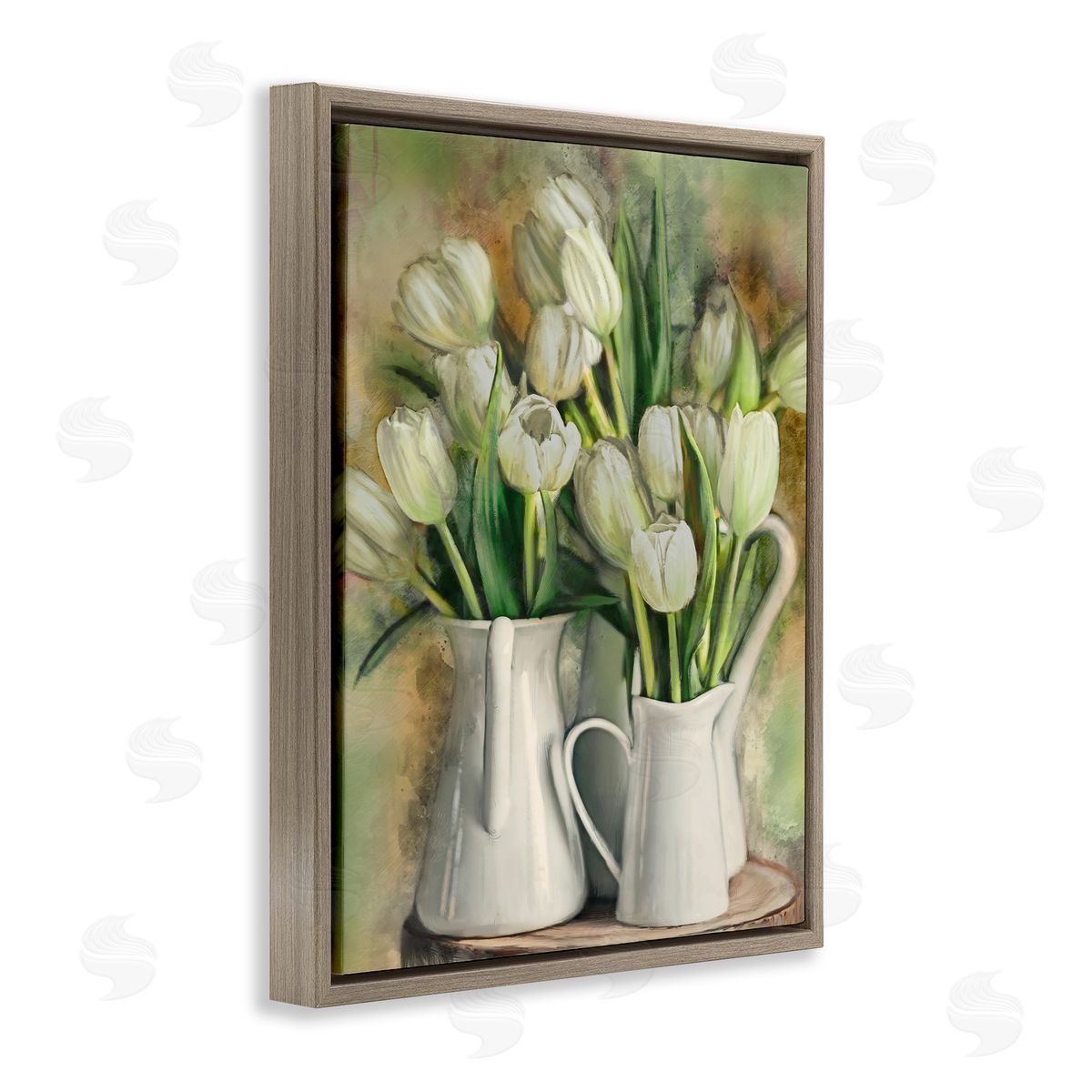 White Tulips in Pitchers Brown Floating Frame Canvas Wall Art, Home Decor by Ziwei Li