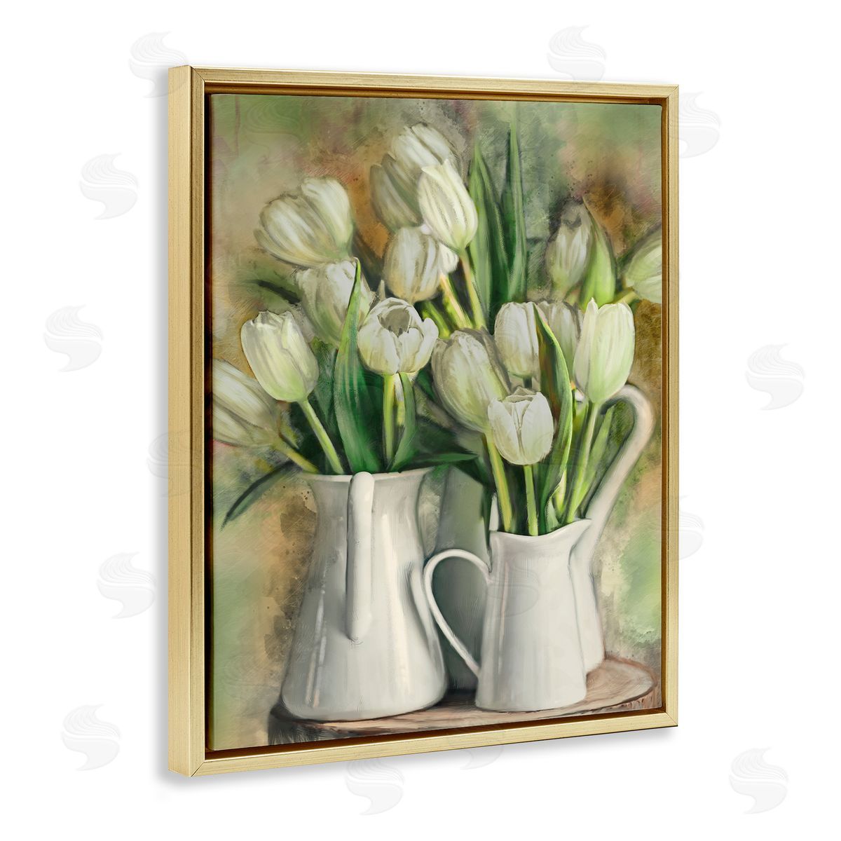 White Tulips in Pitchers Gold Floating Frame Canvas Wall Art, Home Decor by Ziwei Li