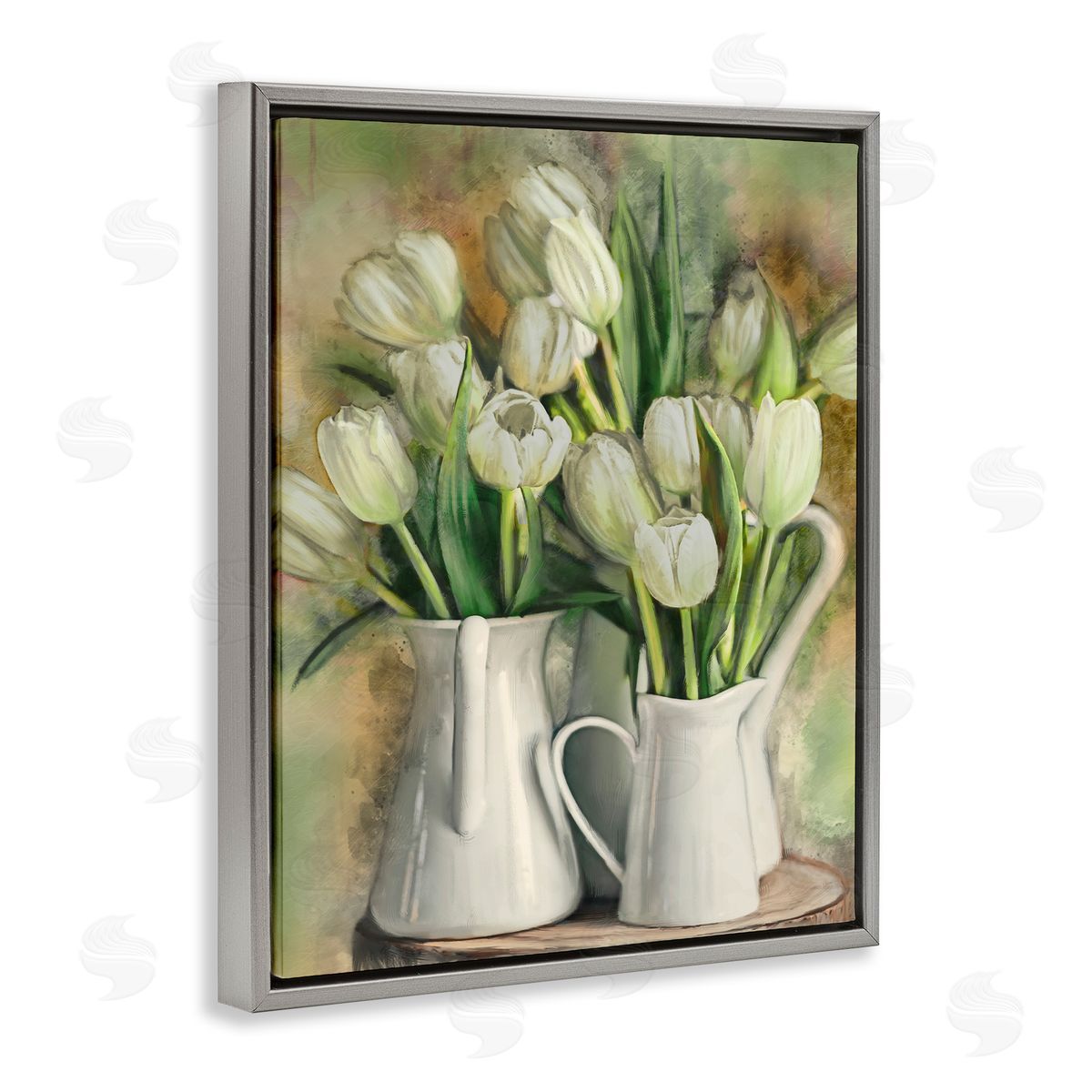 White Tulips in Pitchers Grey Floating Frame Canvas Wall Art, Home Decor by Ziwei Li