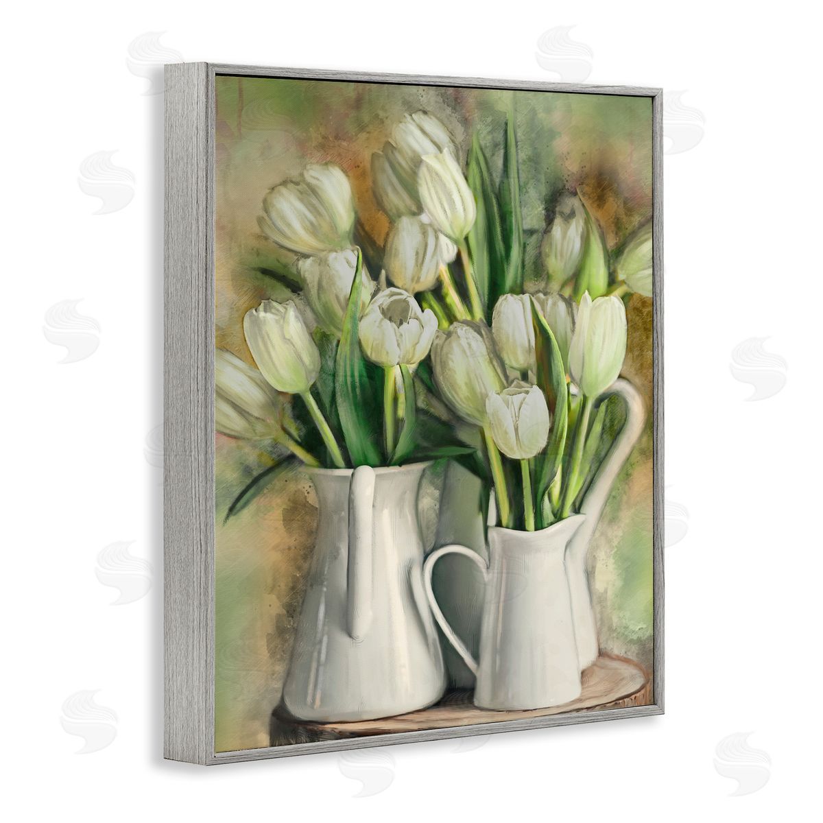 White Tulips in Pitchers Grey Frame Print Wall Art, Home Decor by Ziwei Li