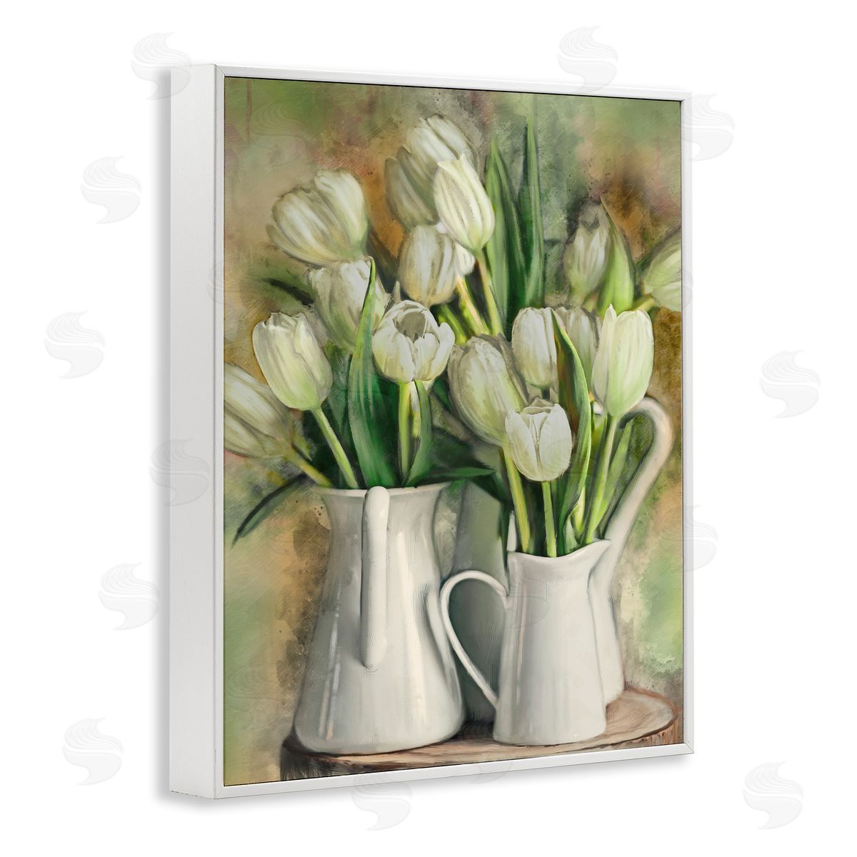 White Tulips in Pitchers White Frame Print Wall Art, Home Decor by Ziwei Li