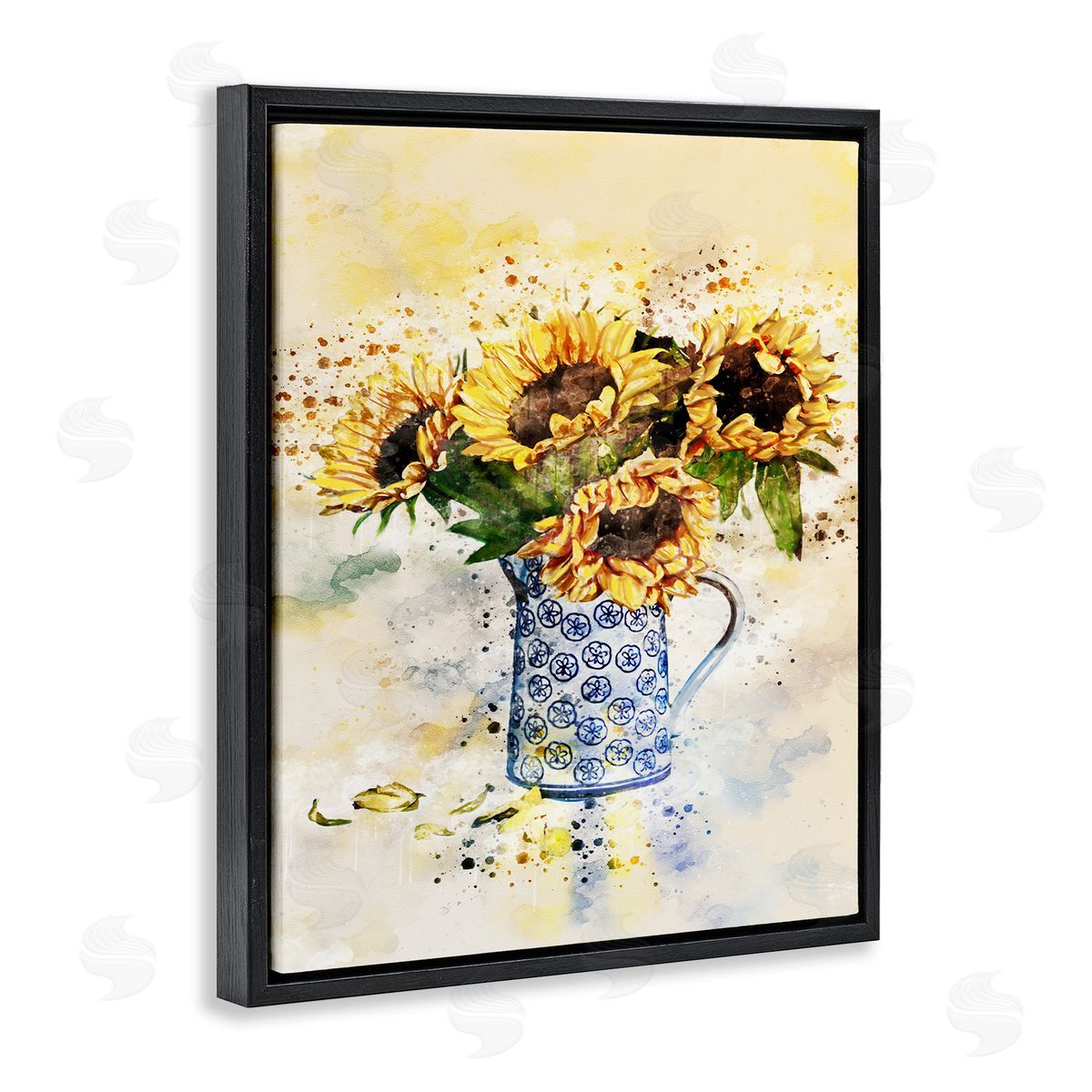 Sunflowers in Patterned Pitcher Black Floating Frame Canvas Wall Art, Home Decor by Ziwei Li