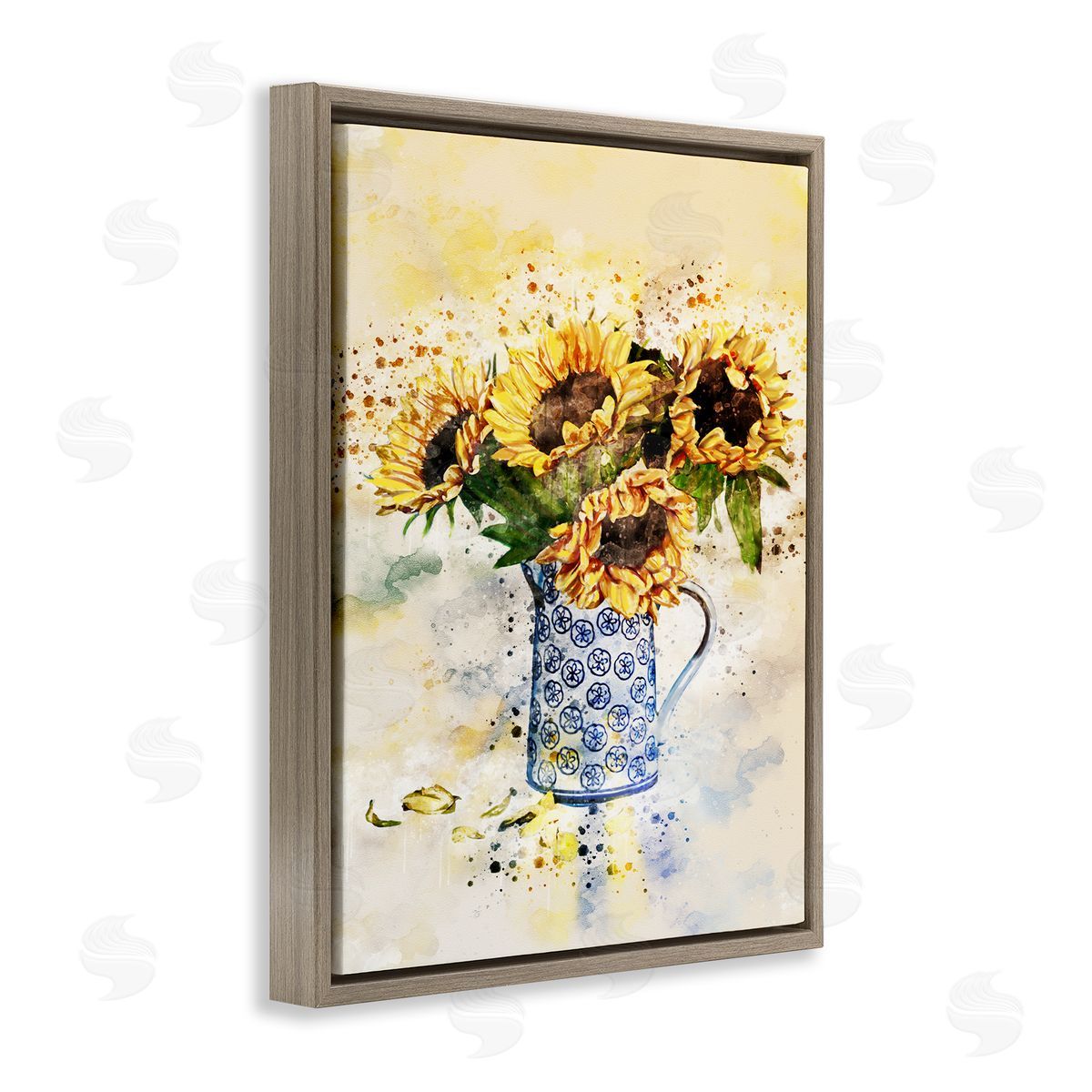 Sunflowers in Patterned Pitcher Brown Floating Frame Canvas Wall Art, Home Decor by Ziwei Li