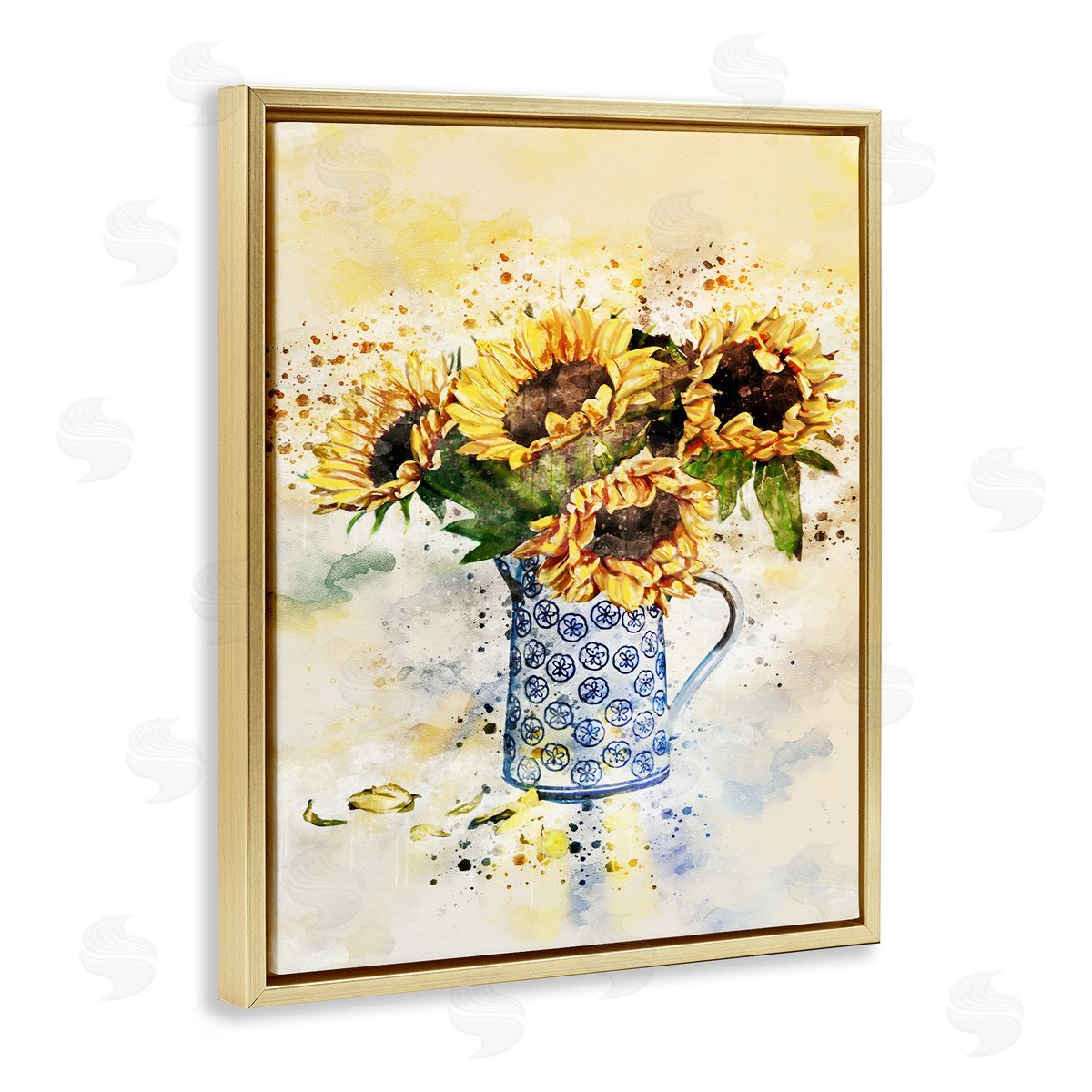 Sunflowers in Patterned Pitcher Gold Floating Frame Canvas Wall Art, Home Decor by Ziwei Li