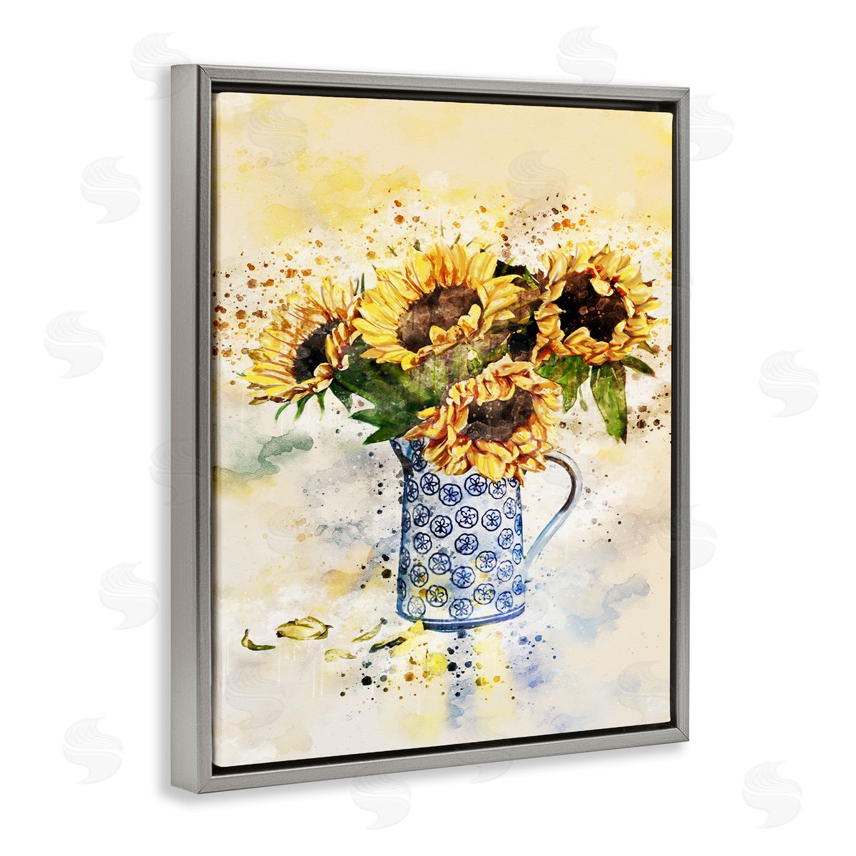 Sunflowers in Patterned Pitcher Grey Floating Frame Canvas Wall Art, Home Decor by Ziwei Li