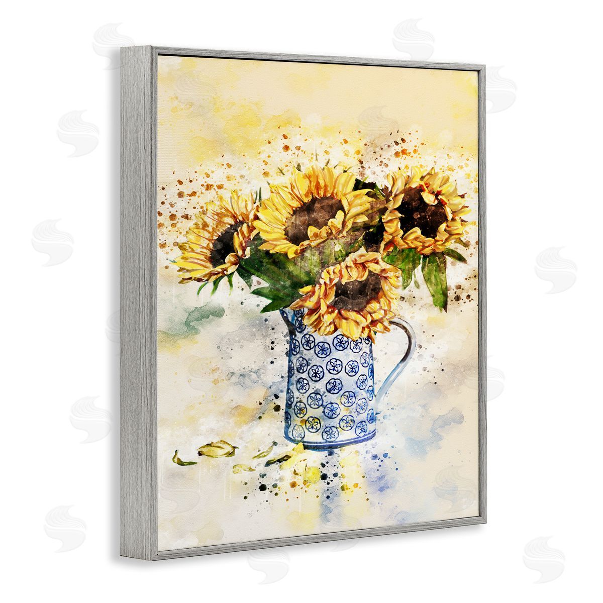 Sunflowers in Patterned Pitcher Grey Frame Print Wall Art, Home Decor by Ziwei Li