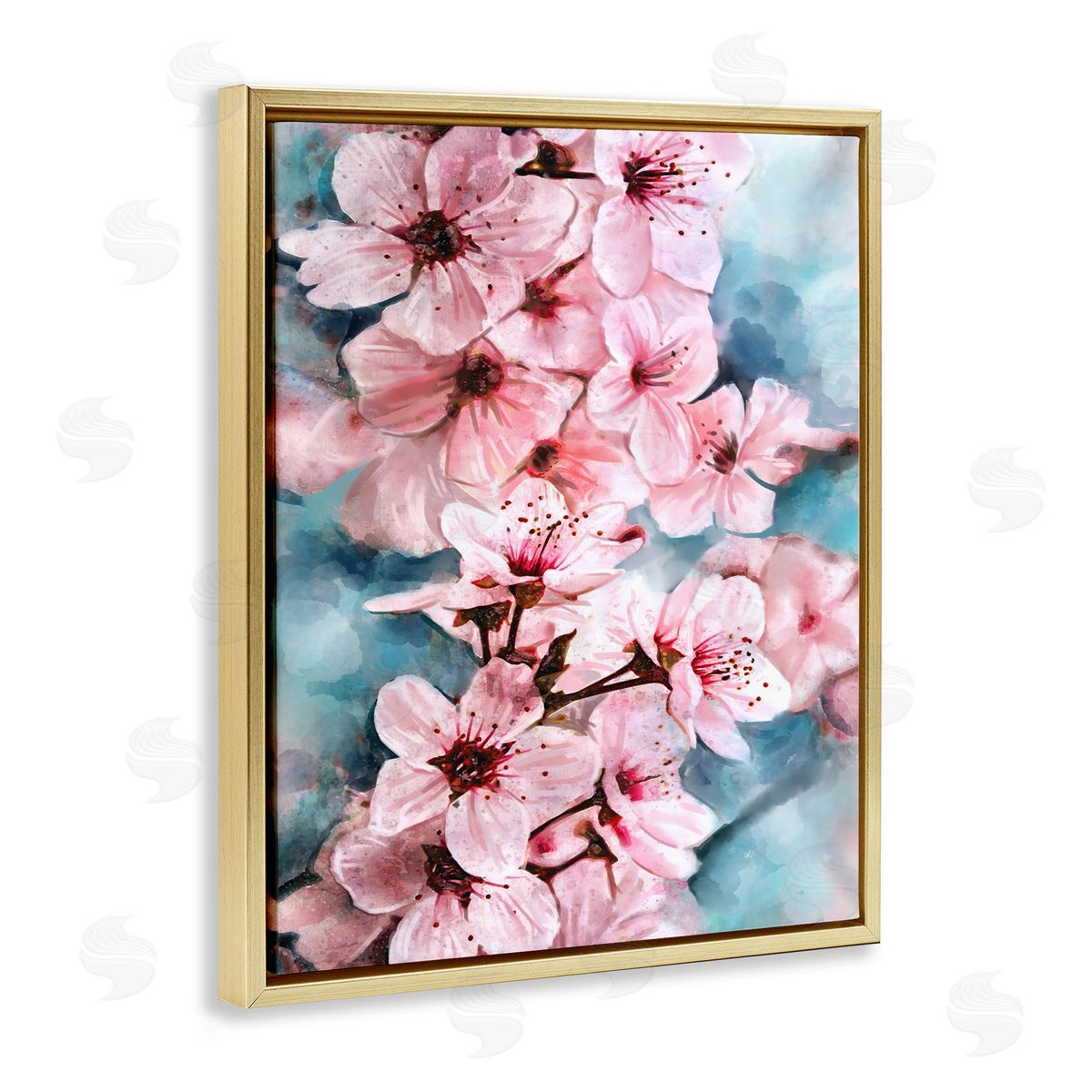 Cherry Blossom Tree Watercolor Gold Floating Frame Canvas Wall Art, Home Decor by Ziwei Li