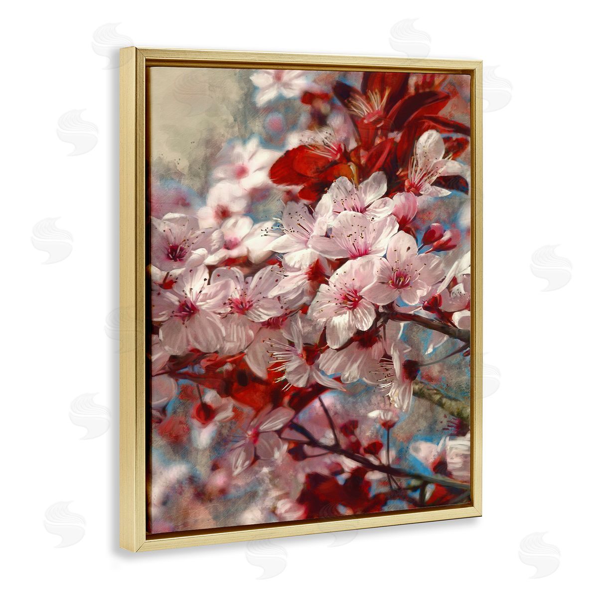 Clustered Pink Flower Blossoms Gold Floating Frame Canvas Wall Art, Home Decor by Ziwei Li