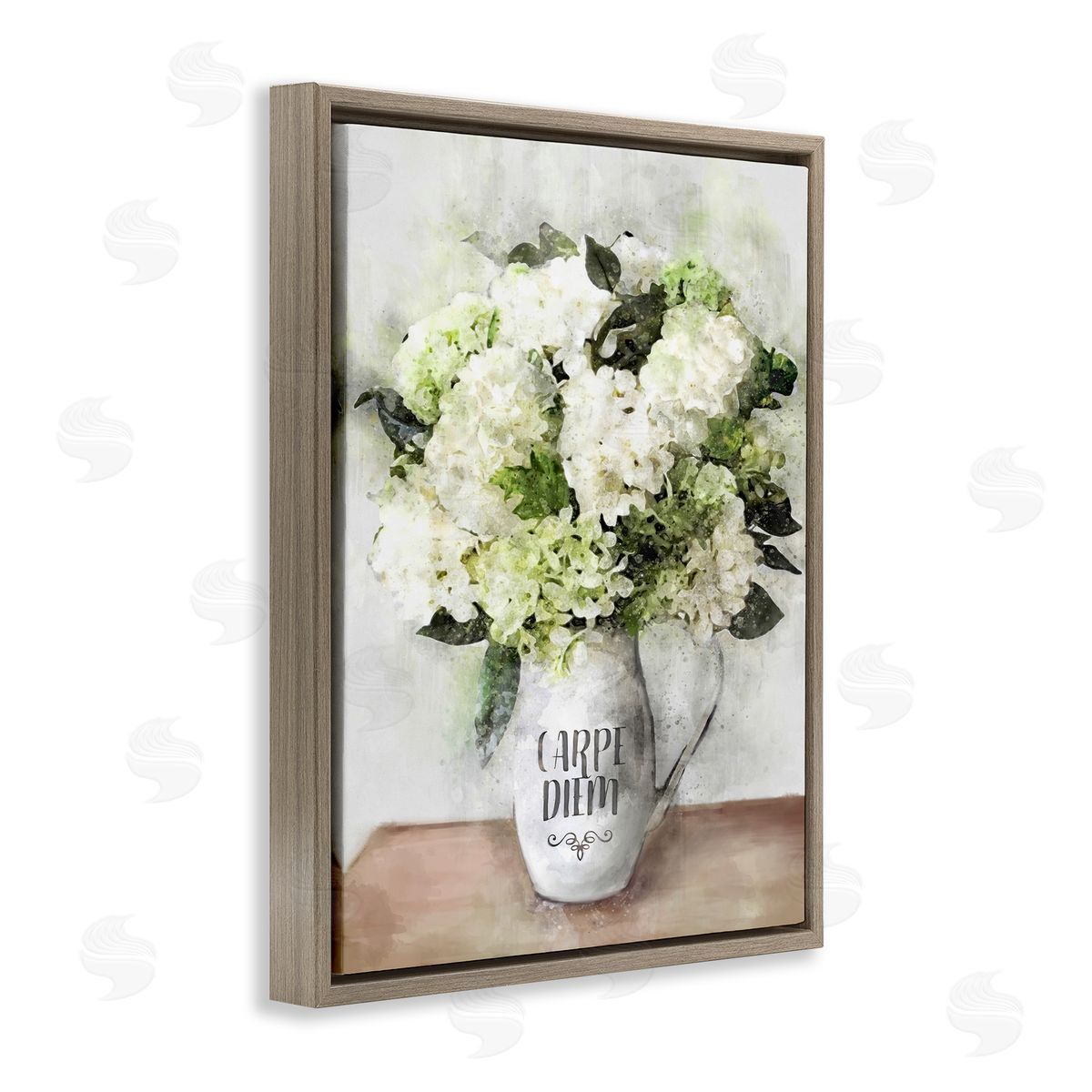Carpe Diem White Hydrangeas Brown Floating Frame Canvas Wall Art, Home Decor by Ziwei Li